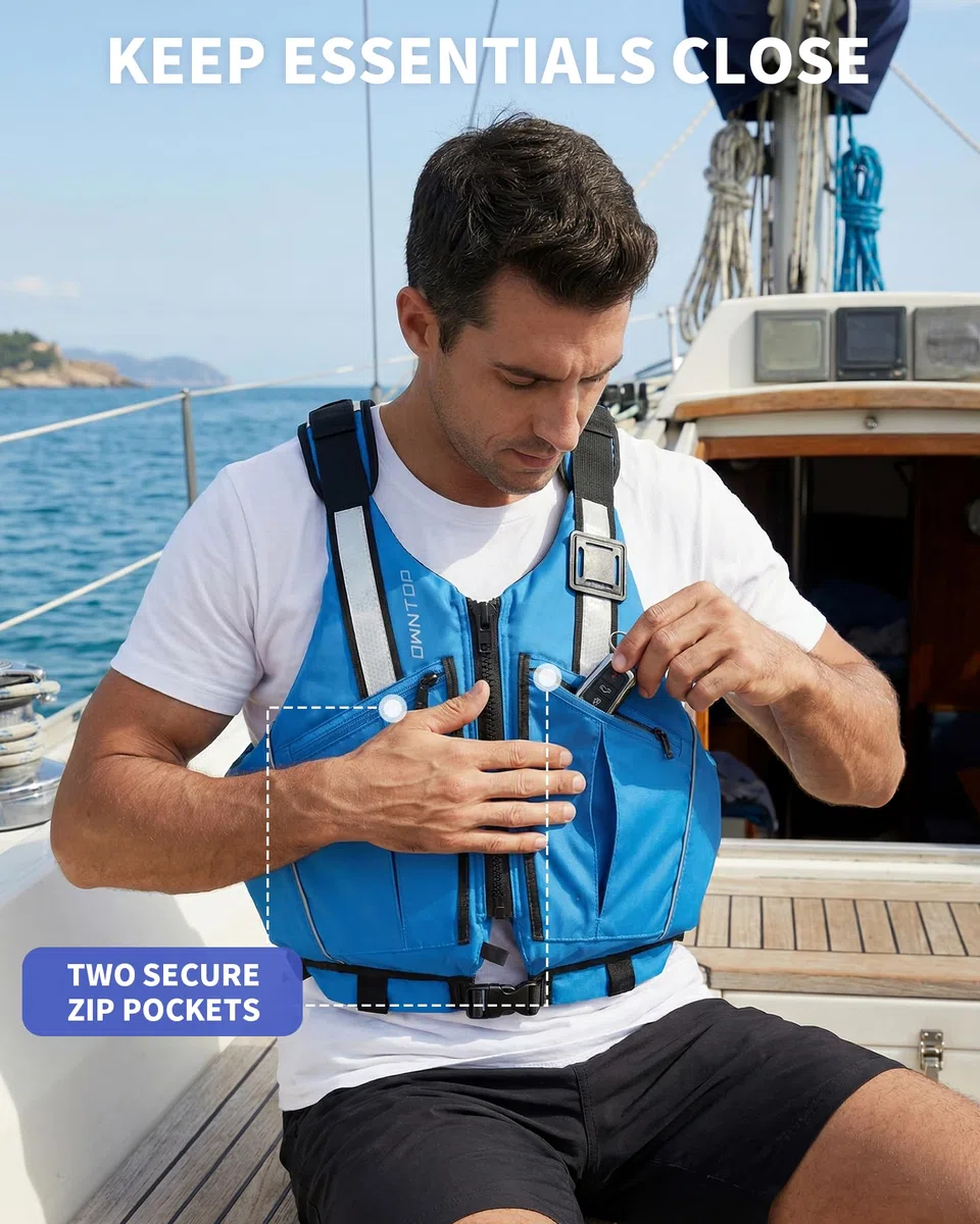 Owntop Schwimmweste für Erwachsene | Verstellbare Auftriebsweste mit großzügigen Taschen, Reflexstreifen & flexiblen Armausschnitten | Schwimmhilfe für Kajak, Angeln, Bootssport & Paddeln