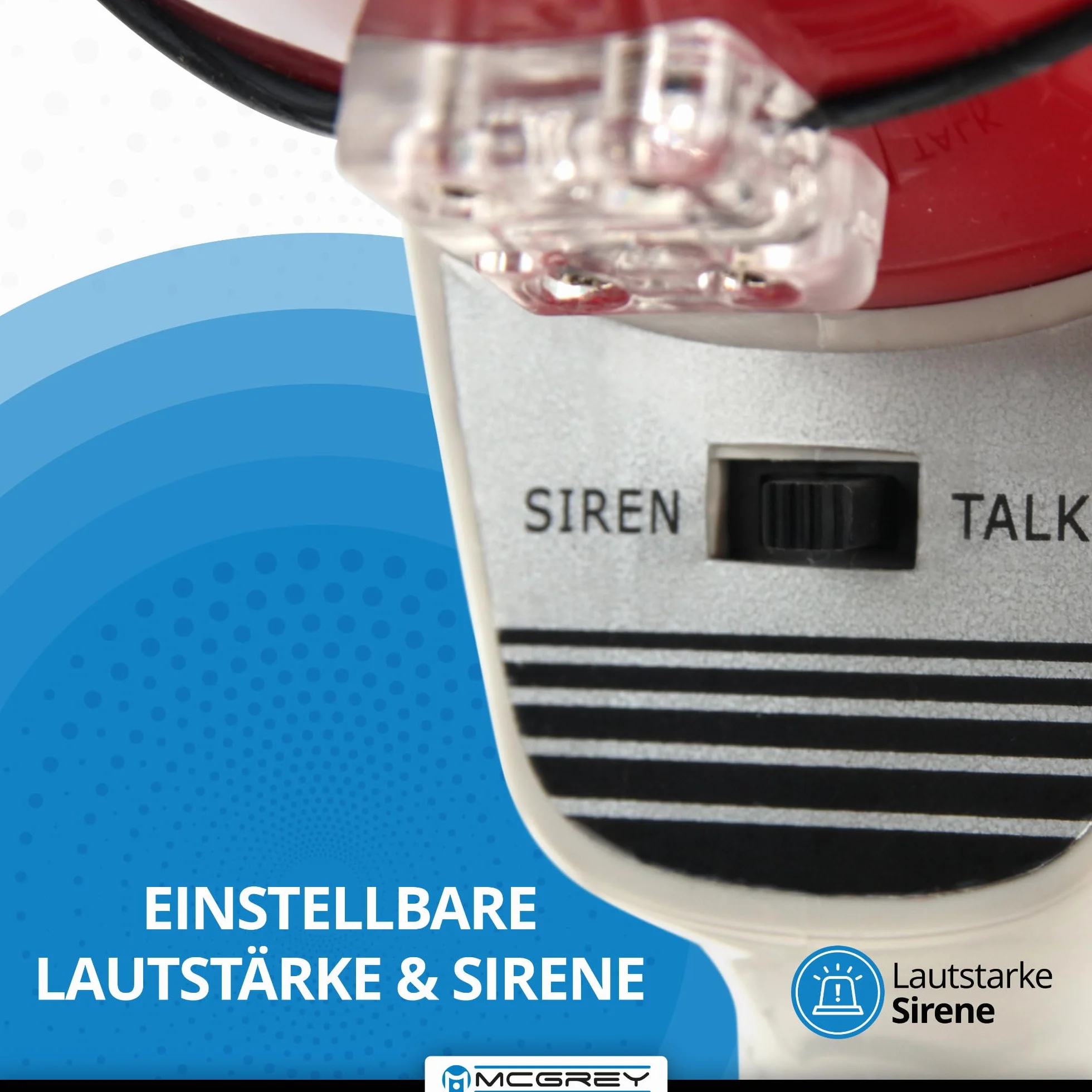 McGrey MP-500HS Megaphon (Sprachrohr, 25 Watt RMS/80 Watt MAX, bis zu 1000m Reichweite, Handmikrofon, Sirene, batteriebetrieben) weiß/rot