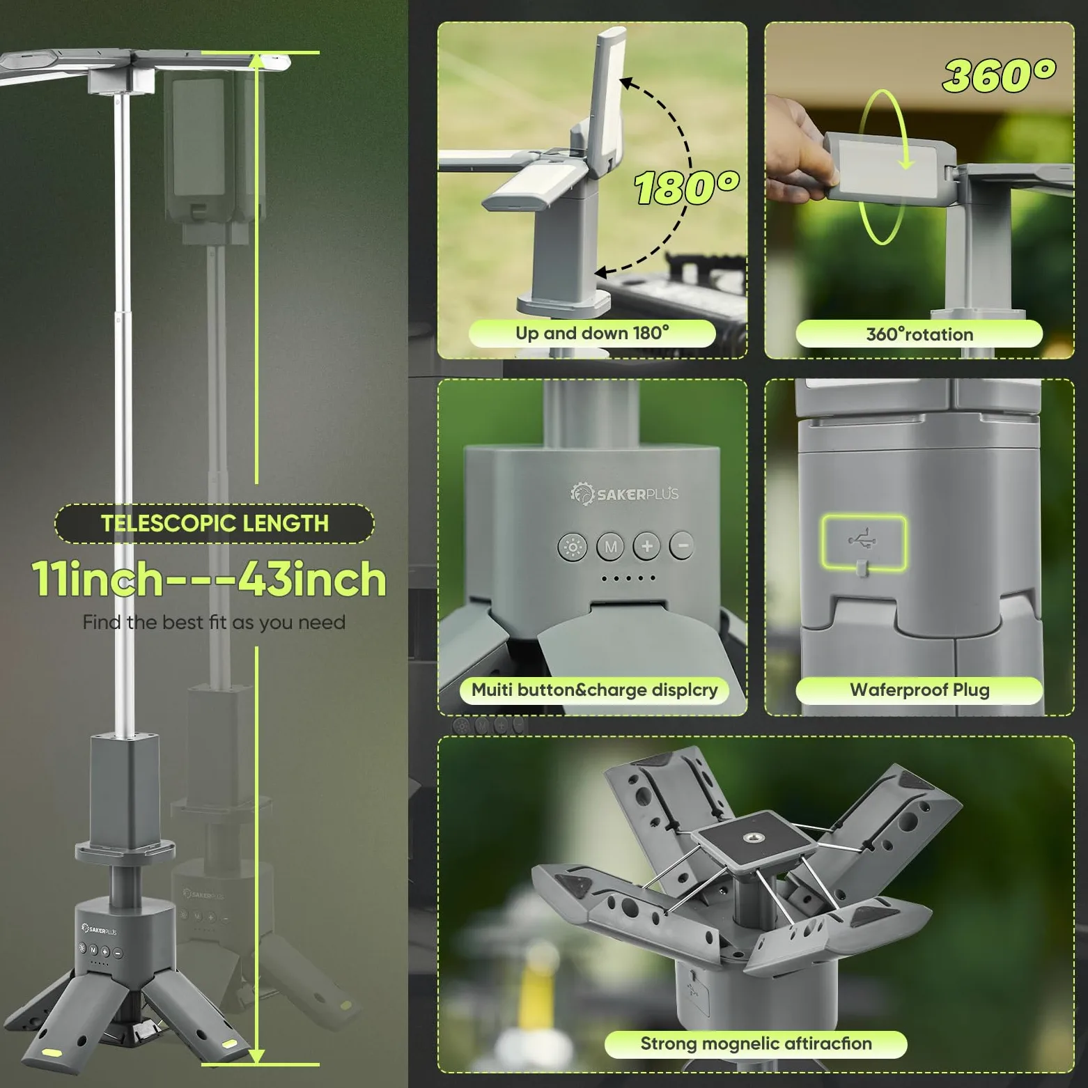 SakerPlus Teleskop Camping Laterne, 14000mAh Wiederaufladbare Campingleuchten mit Tragbarem Netzteil, Dimmbare Magnetische Zeltlampen 6000 Lumen Außenarbeitsbeleuchtung für Wandern, Camping
