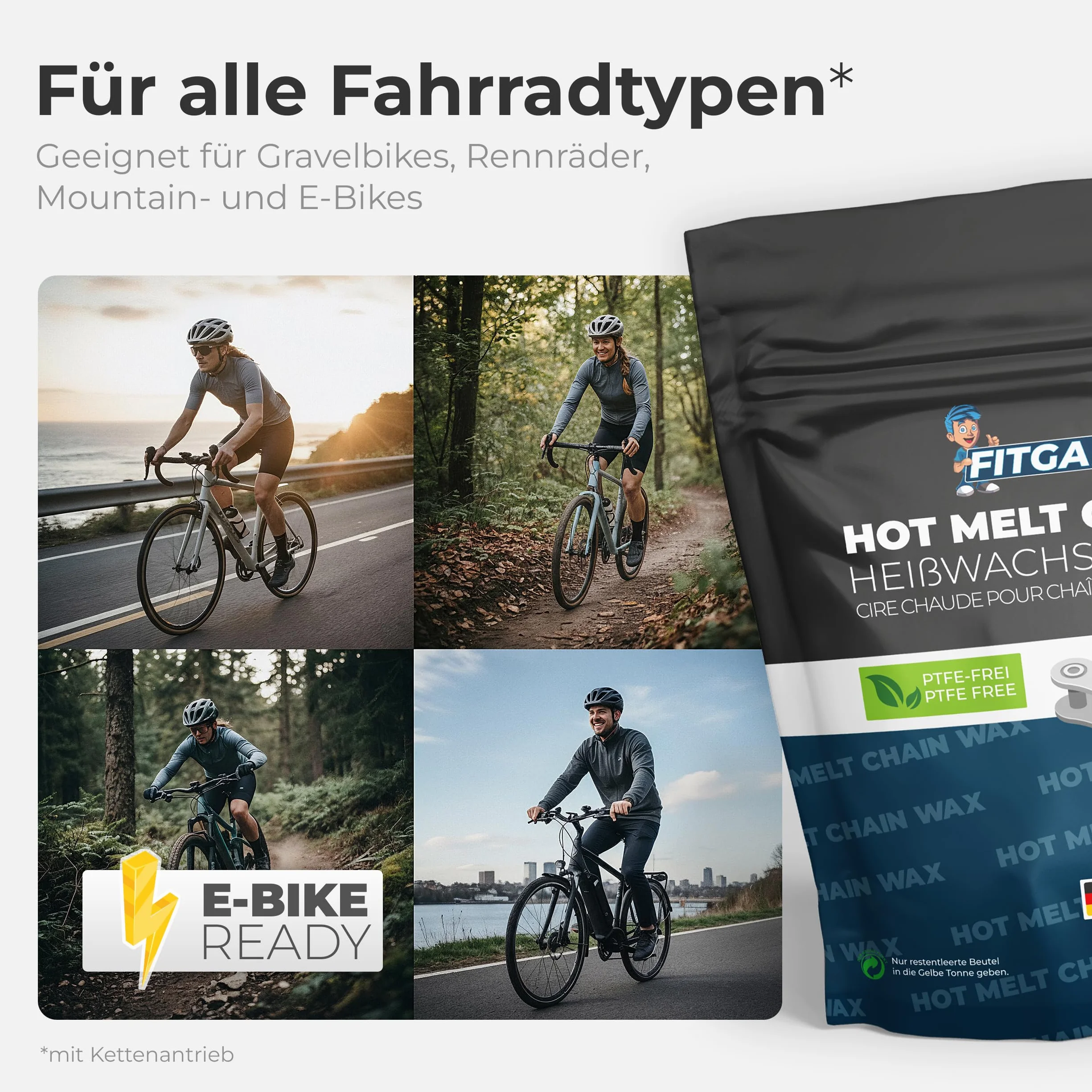 Fitgadgets Chain Wax Starter-Set, Kettenwachs Spar-Komplettset, 500g Heißwachs Pellets, 120ml Kettenwachs, 5 Kettenhalter, für Gravelbike, Rennrad, MTB & E-Bike