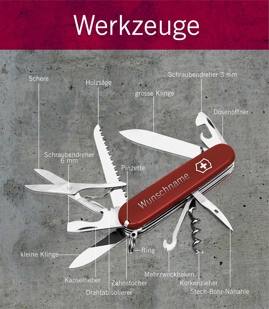 Victorinox Huntsman Schweizer Taschenmesser personalisiert mit Namen/Multitool Camping und Outdoor mit Schere und Säge / 15 Funktionen/Swiss Knife/Geschenke für Männer/Männergeschenke
