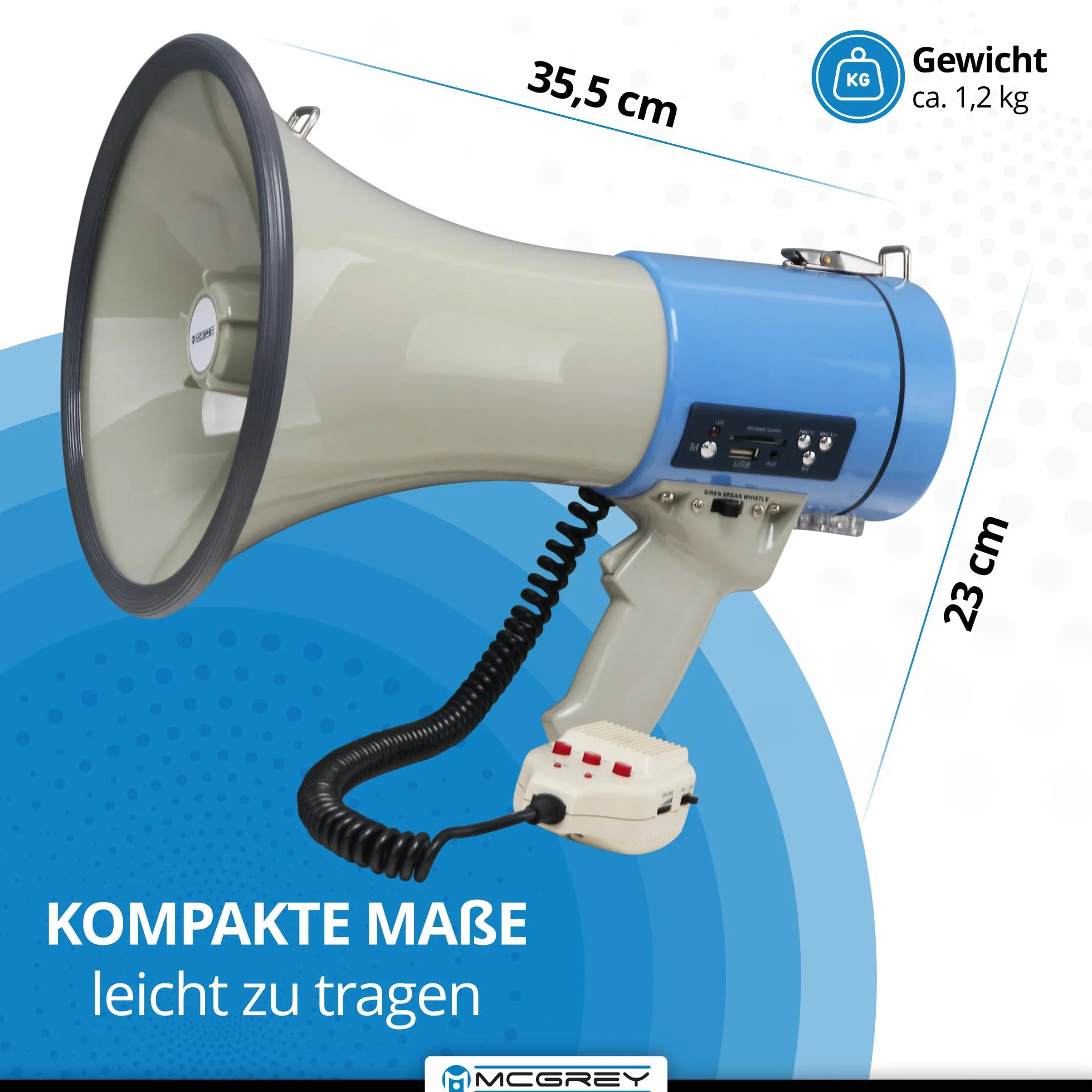 McGrey MP-800HRS Megaphon (Sprachrohr, 25 Watt RMS/80 Watt MAX), bis zu 1000m Reichweite, Handmikrofon, Sirene, Whistle, Aufnahmefunktion, USB/SD/AUX-MP3-Player batteriebetrieben grau/blau