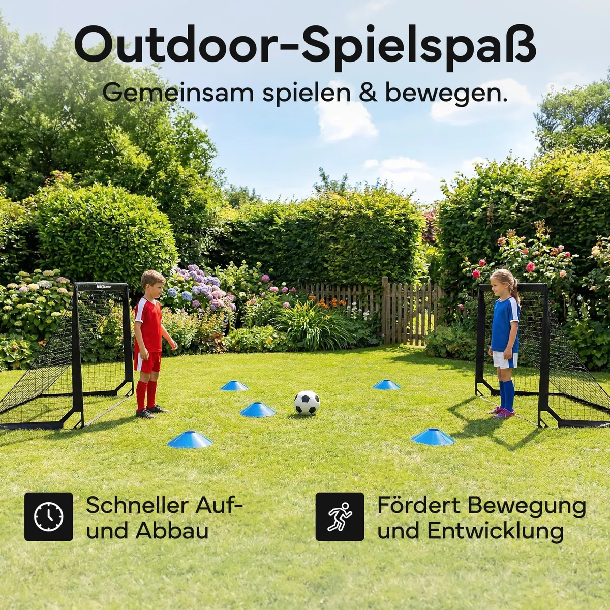 NEOLYMP Fußballtor Kinder Set – Faltbare Tore für Garten & Outdoor – Robuste 9 mm Fiberglas-Stangen – Mit Hütchen, Karabinern, Indoor-Füße & Tragetasche – Fußball-Training - Fußball Trainingszubehör