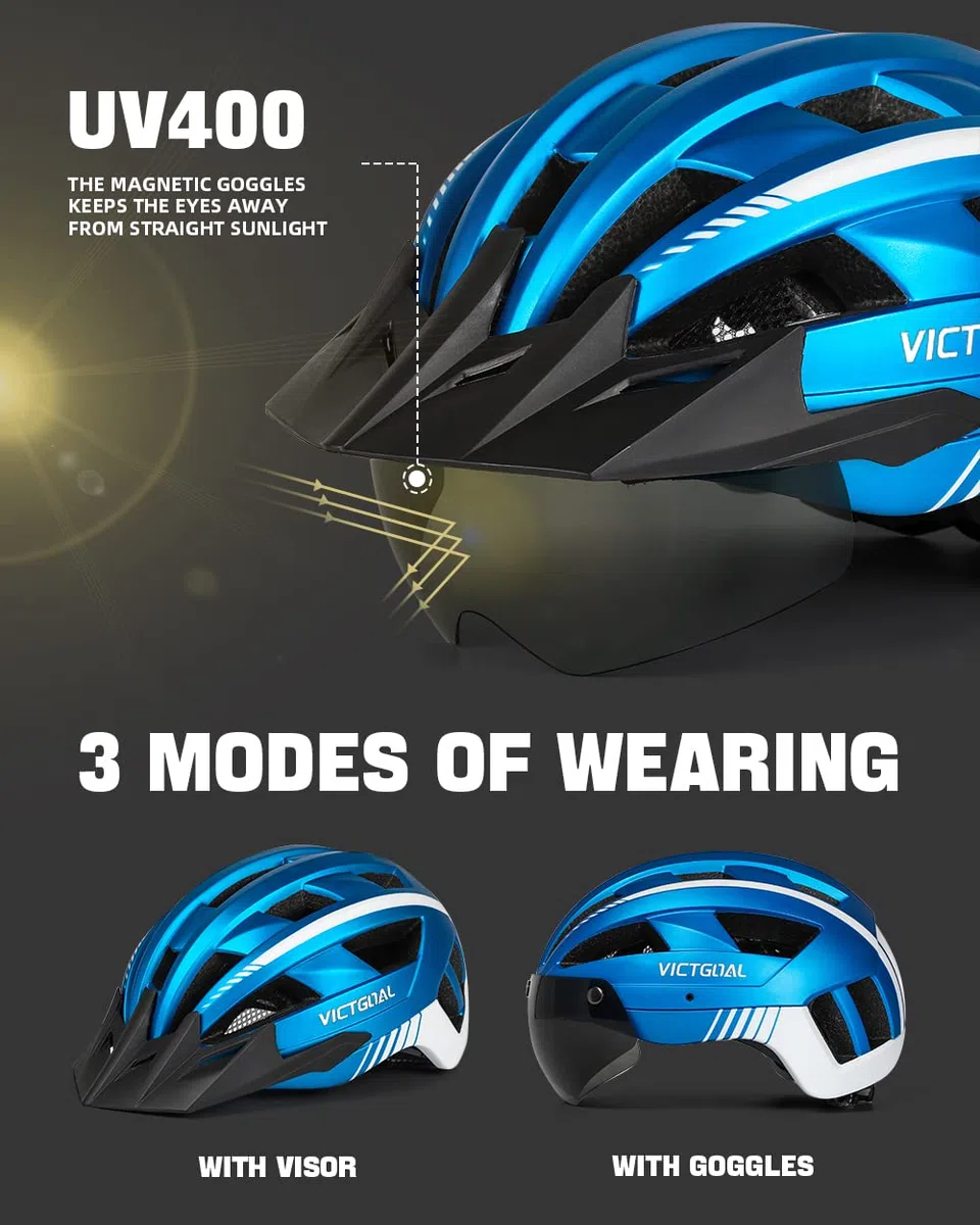 VICTGOAL Fahrradhelm MTB Mountainbike Helm mit magnetischem Visier Abnehmbarer Sonnenschutzkappe und LED Rücklicht Radhelm Rennradhelm für Erwachsenen Herren Damen