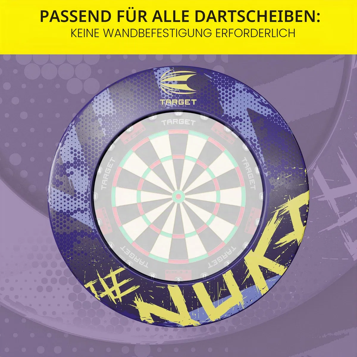 Target Darts Luke Littler Dartboard Surround | The Nuke Dart Board Schutzring, kompatibel mit Allen Steeldarts Dartscheiben, lila & gelbe Dart Surrounds, einfach installierende Wandschutz Außenringe