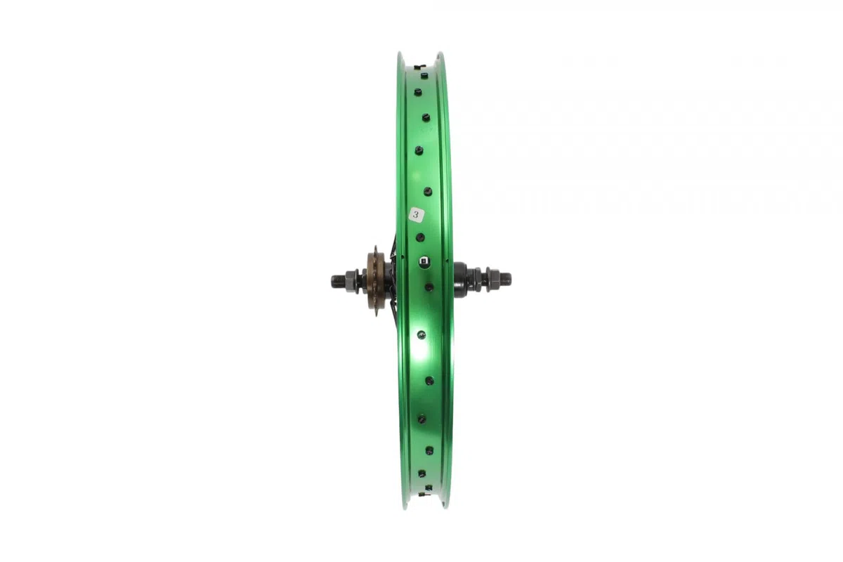 KHE Prism BMX Hinterrad, 20 Zoll, Grün Eloxiert, 14mm Achse, 16T Freilaufritzel, 38mm Felgenbreite