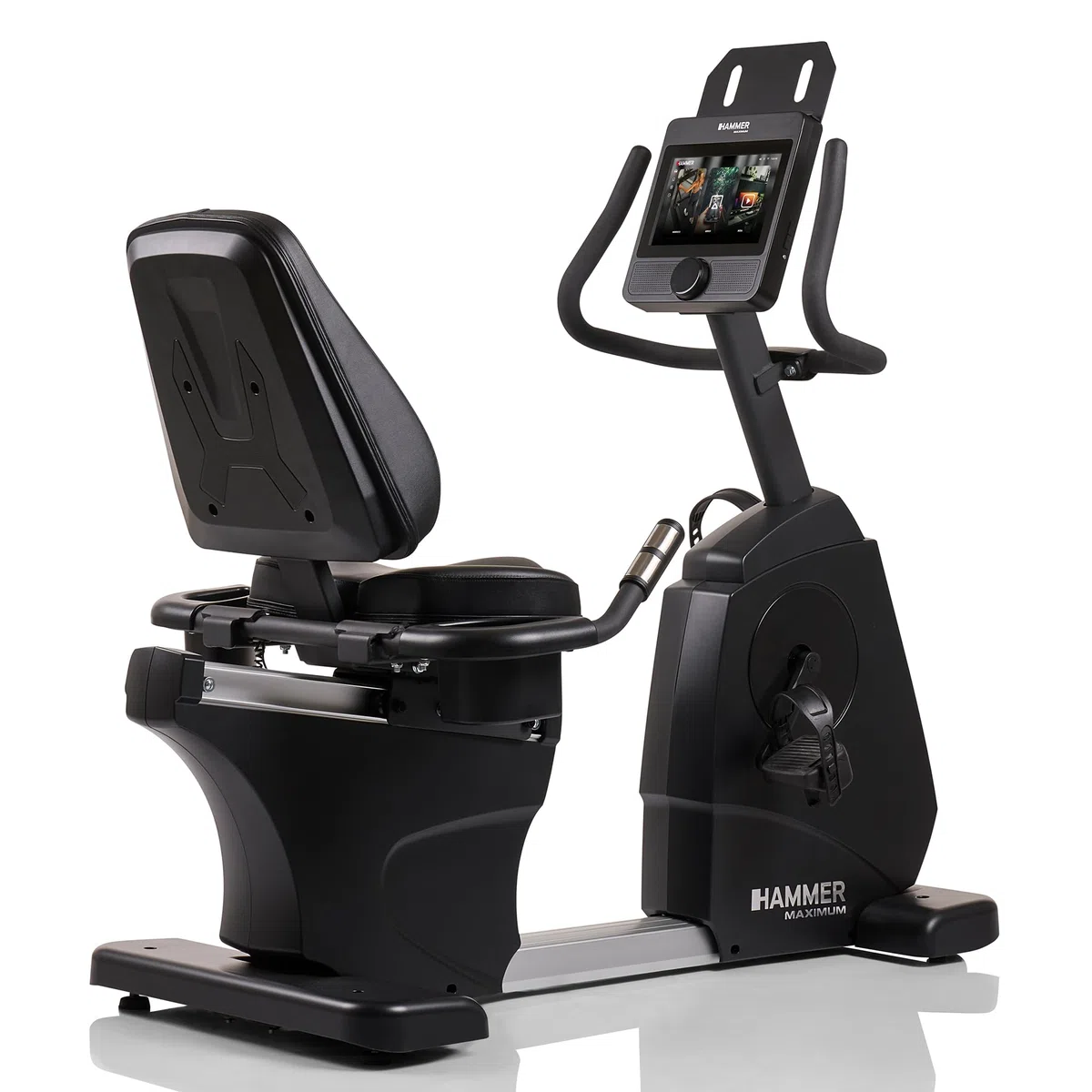 HAMMER Liegeergometer RB 8000 – Recumbent Bike elektrisch, TFT-Touchscreen, 17 Programme, 14 kg Schwungmasse, ergonomischer Sitz & Rückenlehne, Pulsmessung, gelenkschonendes Fitnessgerät