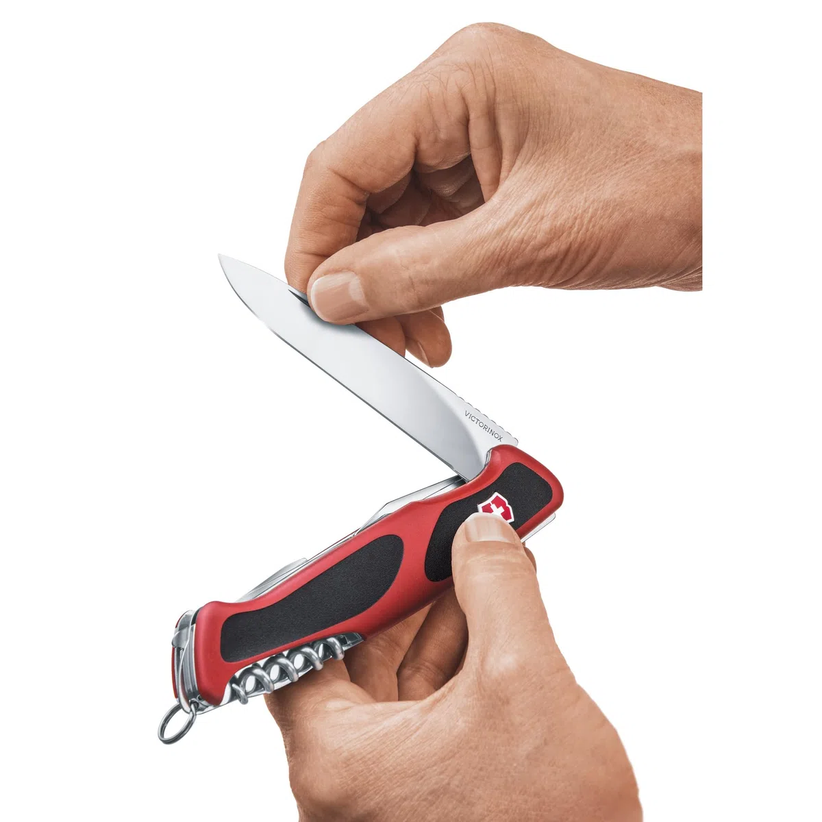 Victorinox Schweizer Taschenmesser, Ranger 55, Swiss Army Knife, Multitool, 12 Funktionen, Einhand-Feststellklinge, Dosenöffner, Rot/Schwarz