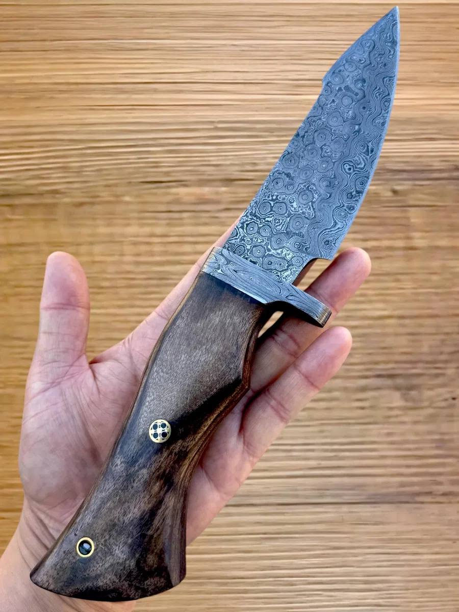 Danast Jagdmesser-Taschenmesser-12 cm klinge Echtes 150 DamastStahl lagen Walnussholz Griff Ideal zum Häuten mit Lederscheide