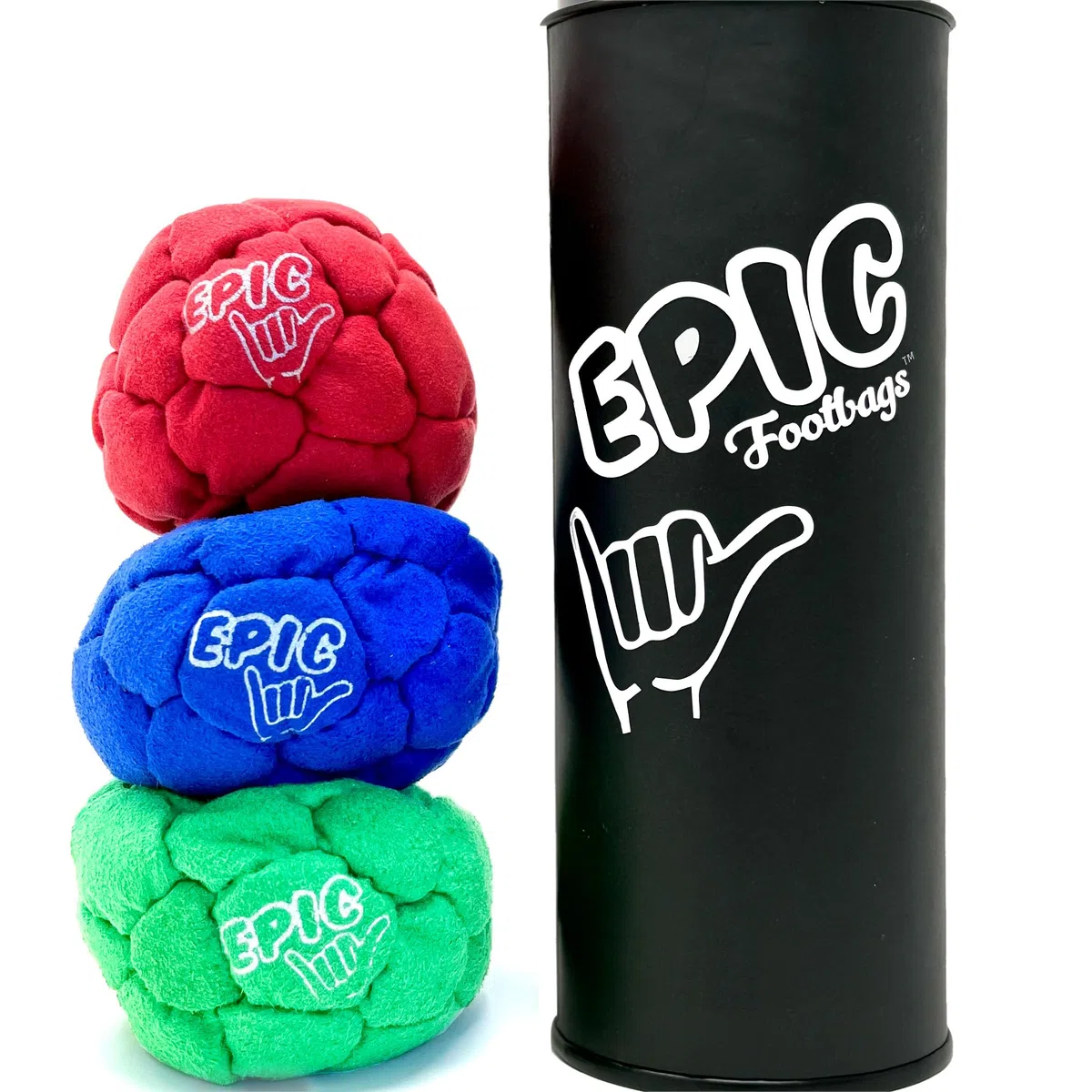 Epic Hacky Sack Balls, 3 Footbag Gift Set with Storage Tube