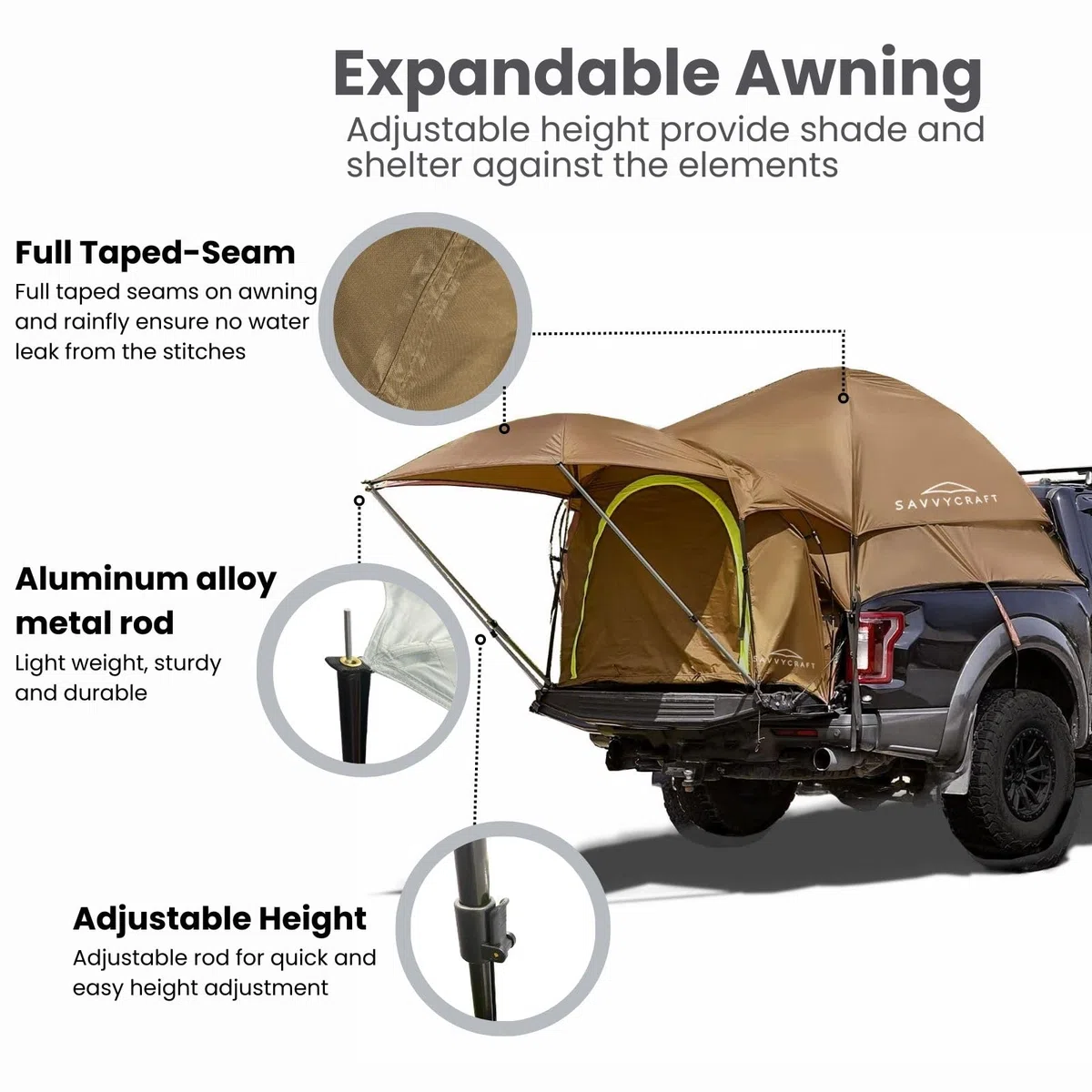 Savvycraft Pickup-LKW-Zelt für LKWs in voller Größe und mittlerer Größe, kurzes Bett und langes Bett, wasserdicht, P3000 mm, 2-Personen-Doppelschicht-LKW-Bett, Campingzelt, erweiterbare Markise