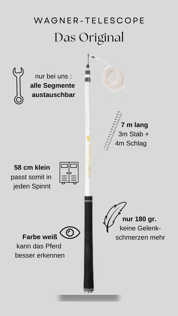 ORIGINAL Wagner Teleskop Longierpeitsche I länger und Leichter als bei Anderen Herstellern I Insgesamt 7m lang I 3m Stab + 4m Schlag I nur 180gr. leicht I nur bei Uns: alle Segmente austauschbar I