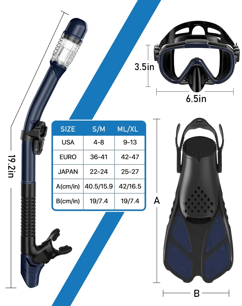 Ubekezele Schnorchelausrüstung für Erwachsene, Männer und Frauen, 4-in-1-Schnorchel-Set mit Panoramablick, Tauchmaske, Anti-Beschlag, Anti-Auslauf, Dry Top Schnorchel, Flossen und Reisetasche zum