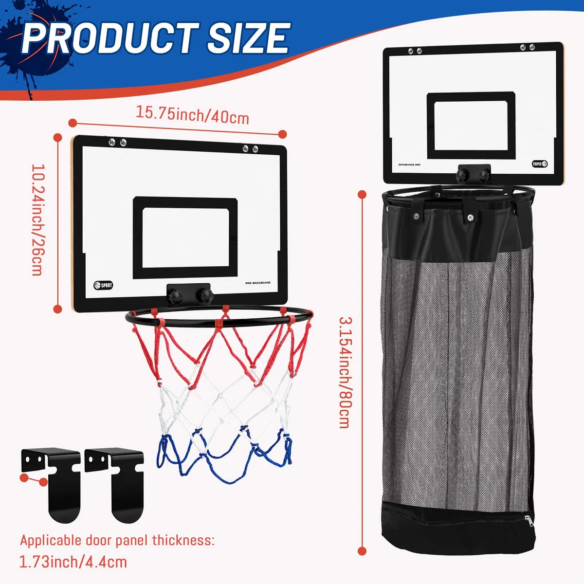 Basketballkorb und Basketballkorb über der Tür, 2-in-1 Holz-Sportwäsche/Wäschekorb mit Reifen und Reißverschluss unten, für Kinderzimmer, Teenager, Schlafzimmer, Schlafsaal, Badezimmer