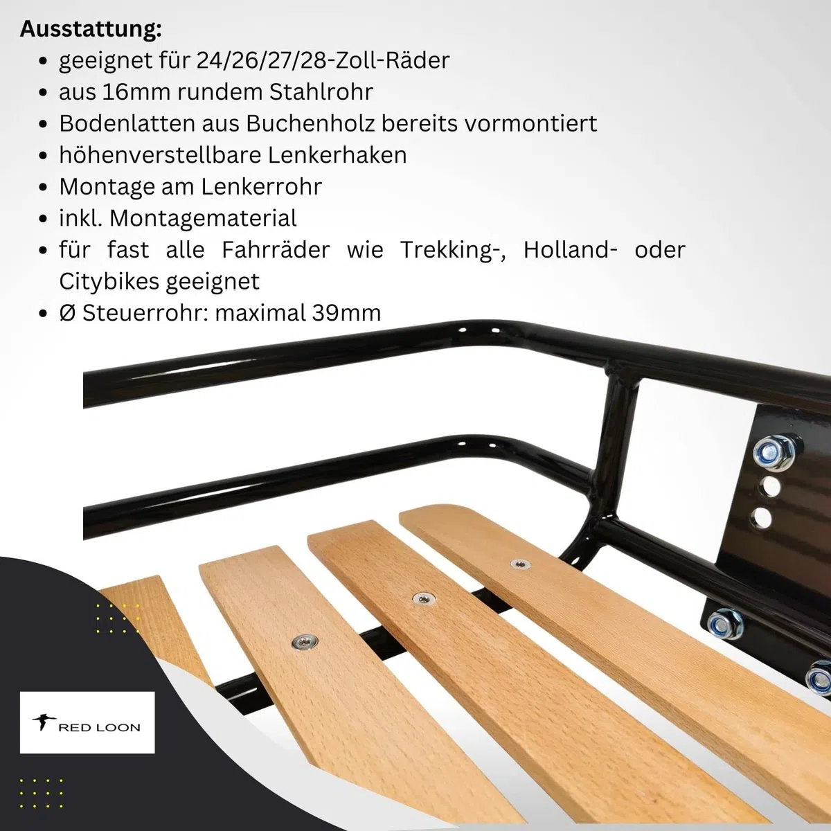 Frontgepäckträger Fahrrad | Gepäckträger Vorderrad | Red Loon | Stahl/Holz | Holz Auflage