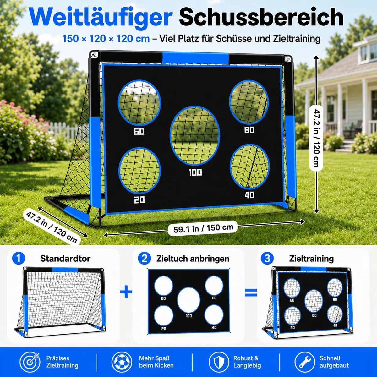 2-in-1 Fußballtor für Kinder, 150 * 120cm, Tragbares & Stabiles Fussballtore mit 5 Zielbereichen, 4 Erdanker und 1 Tragetasche, Stabil für Garten, Park, Strand