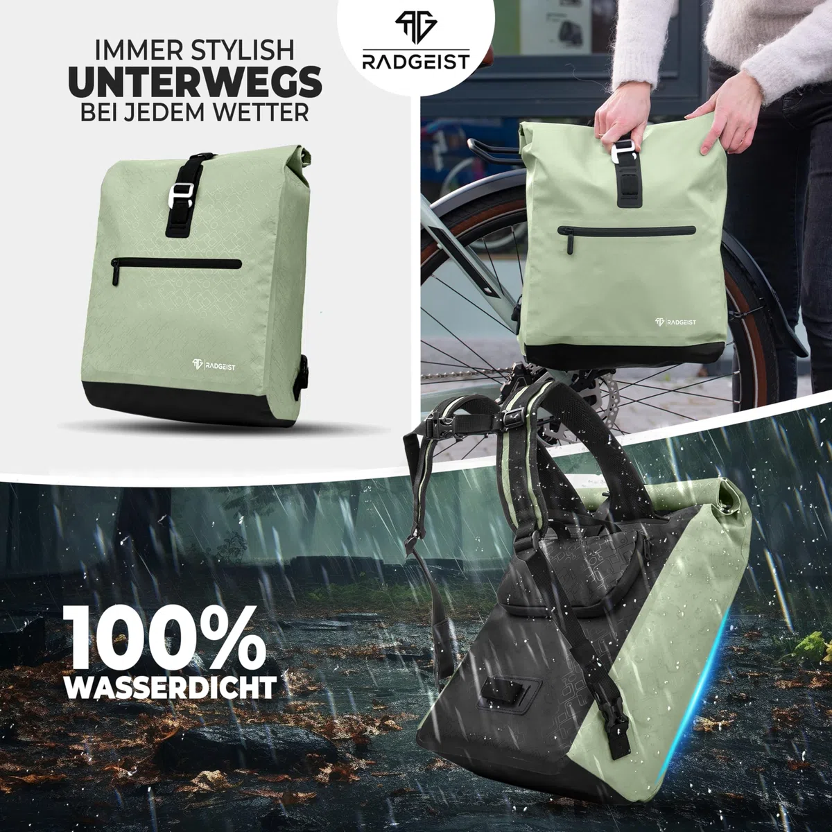 RADGEIST Fahrradtasche für Gepäckträger I Gepäckträgertasche & Rucksack I Fahrradtasche für Damen & Herren I Umhängetasche & Gepäcktasche für Fahrrad 20L Mint