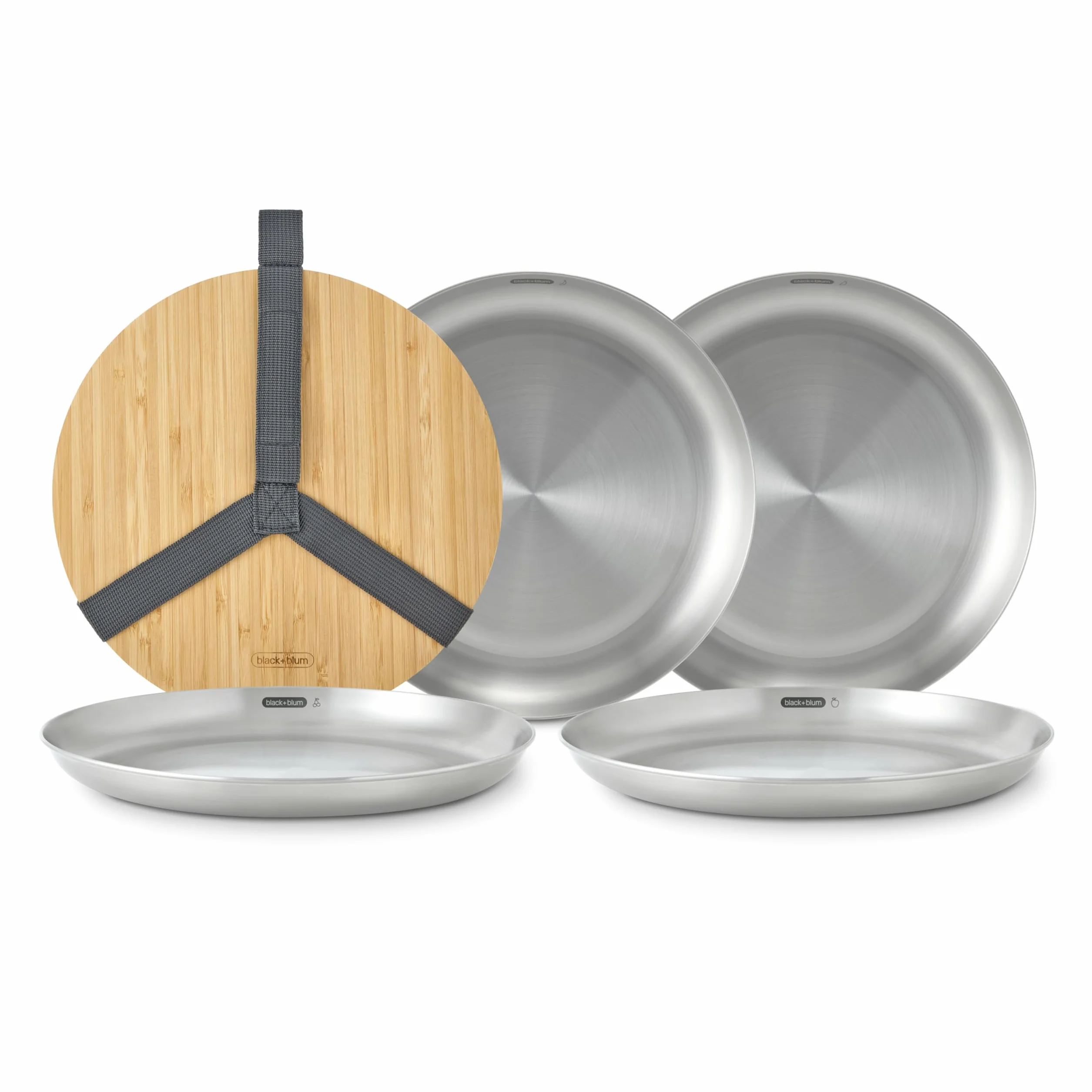 BLACK + BLUM Picknickteller 4er Set - Edelstahl Teller mit Bambus Schneidebrett Deckel und Tragegurt