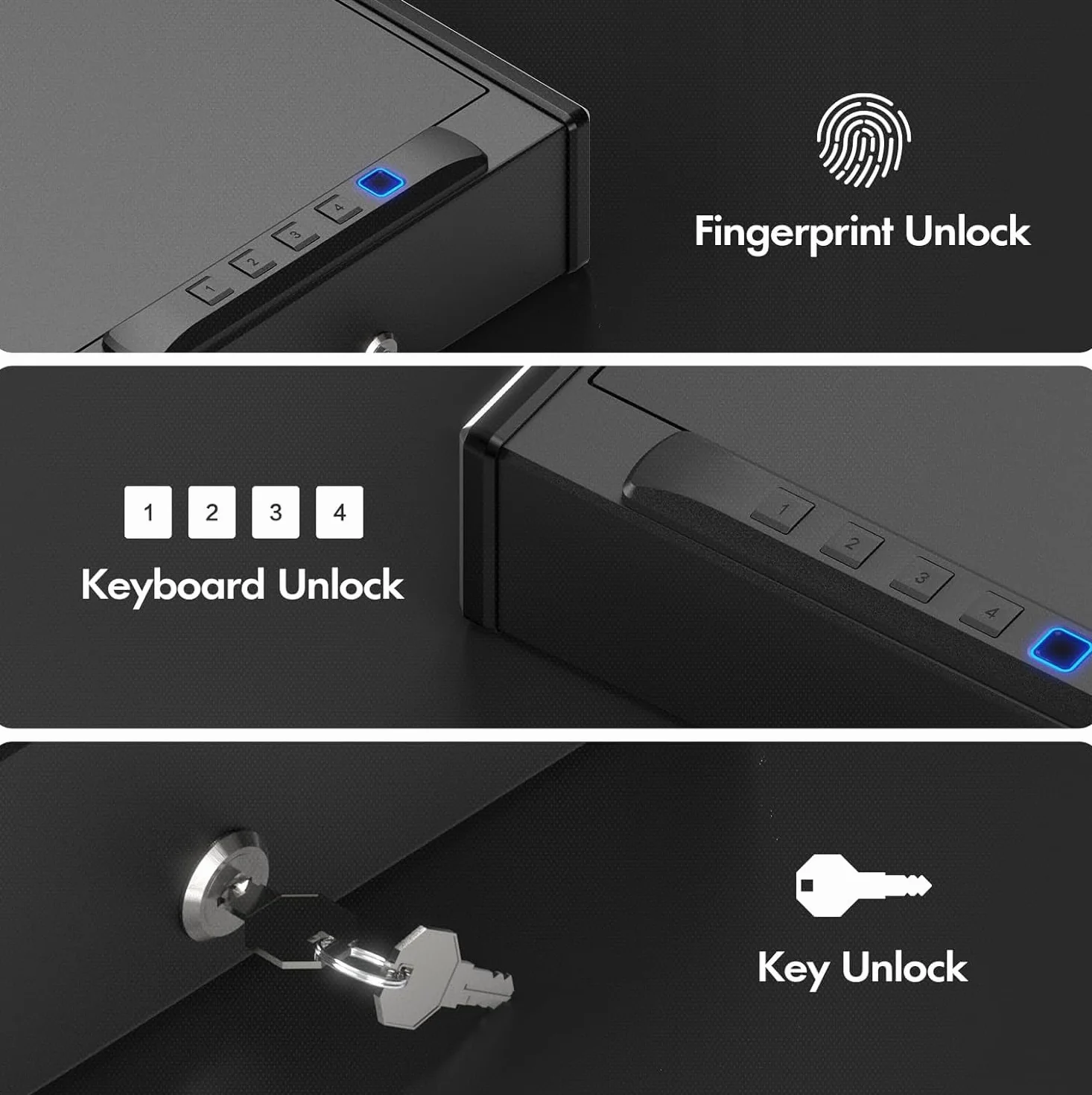 Biometrischer Waffenschrank für Pistolen – 3-Wege-Schnellzugriff-Handfeuerwaffenschrank mit Fingerabdruck/digitalem Tastenfeld/Schlüssel, für Zuhause, Nachttisch und Auto, schwarz lackiert