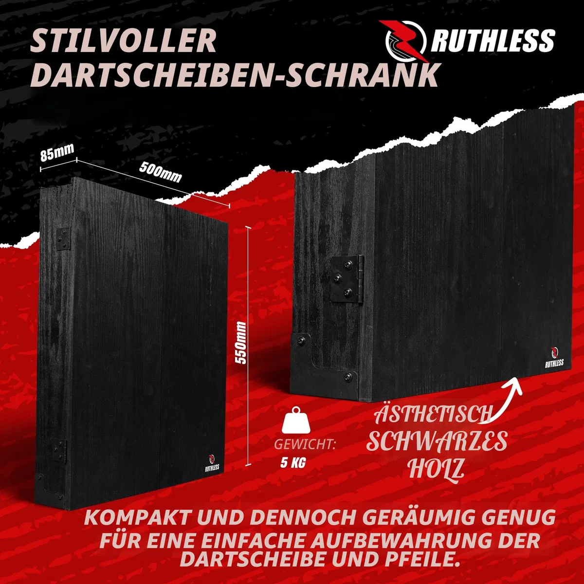 Ruthless Home Darts Center | LED-Lichtoptionen | Home Dart Board Center inkl. Schrank, Dartscheibe und 2 Sets Dartpfeile (USB)