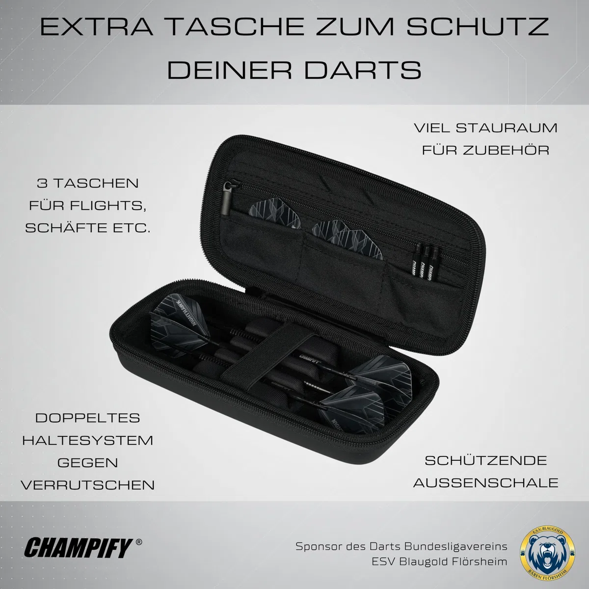 Champify® 18g Tungsten Soft-Darts Set “Nighthawk” mit Kunststoff-Spitze und schwarzer Darttasche | 3 Darts mit 9 Alu-Schäften & 9 Flights & 30 Softdart-Spitzen | Dartpfeile mit Plastik-Spitzen