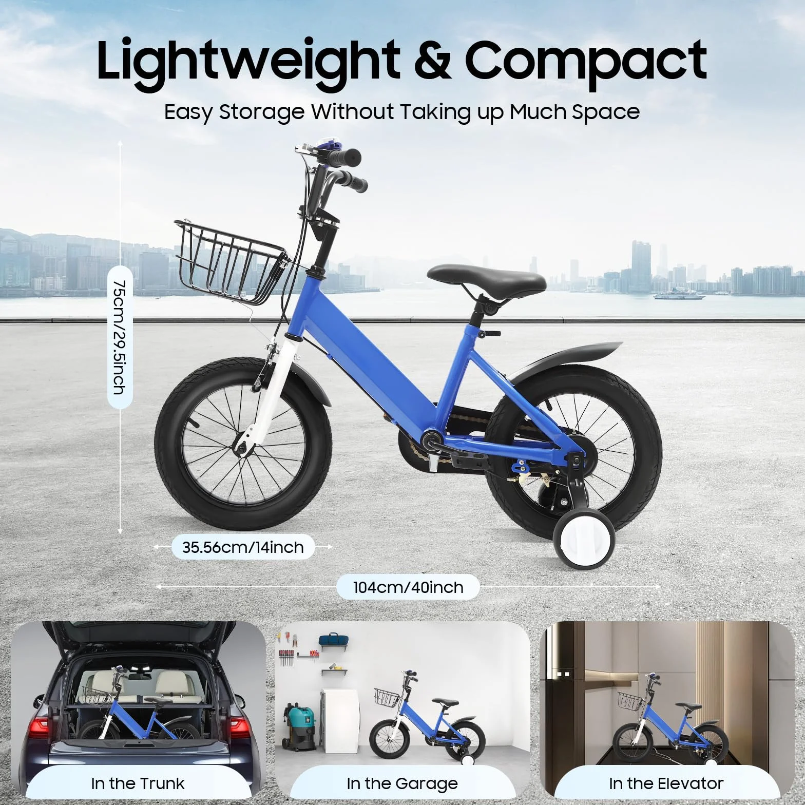 Kinderfahrrad 14 Zoll, Kinderfahrrad ab 3 Jahre, Kinder Fahrrad mit Doppelbremse, 35kg Tragkraft und Sitz Verstellbar, Korb und Stützräder, Kinderfahrrad für Jungen und Mädchen (Blau)