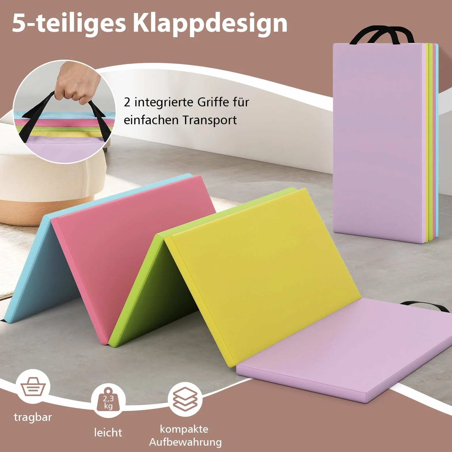 COSTWAY Turnmatte klappbar, 200 x 75cm Weichbodenmatte, Gymnastikmatte 5 fach faltbar mit Tragegriff & Klettverschluss, Sportmatte Fitnessmatte zuhause für Kinder Erwachsene