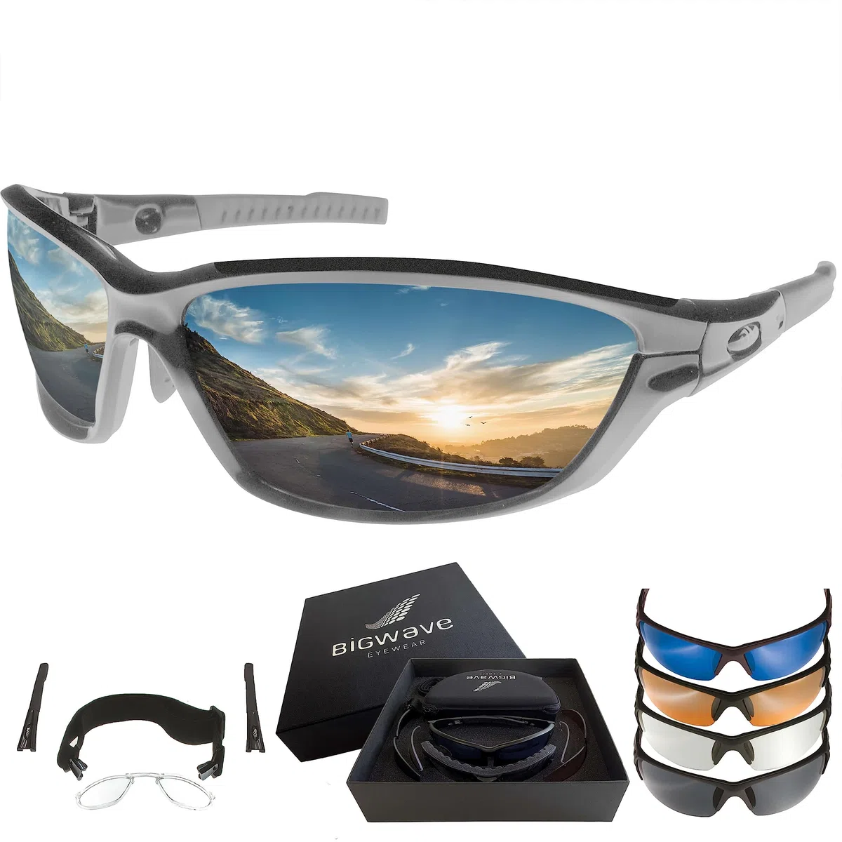 BIGWAVE Pro-Action 904 – Superentspiegelte Premium UV 400 Sportbrille mit 4 Wechselgläsern–Radsportbrille mit schmutzabweisender Clean-Coat Beschichtung für Damen und Herren