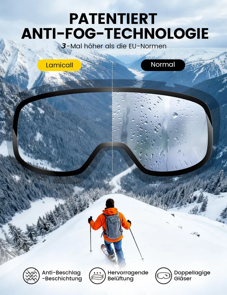 Lamicall Skibrille Damen, OTG Snowboardbrille Herren - [TOP Patentierte Anti-Fog] Verspiegelt Ski Brille für Brillenträger, Ultra HD Snowboard Brille Schutzbrille, UV400 Schneebrille mit Blendenschutz