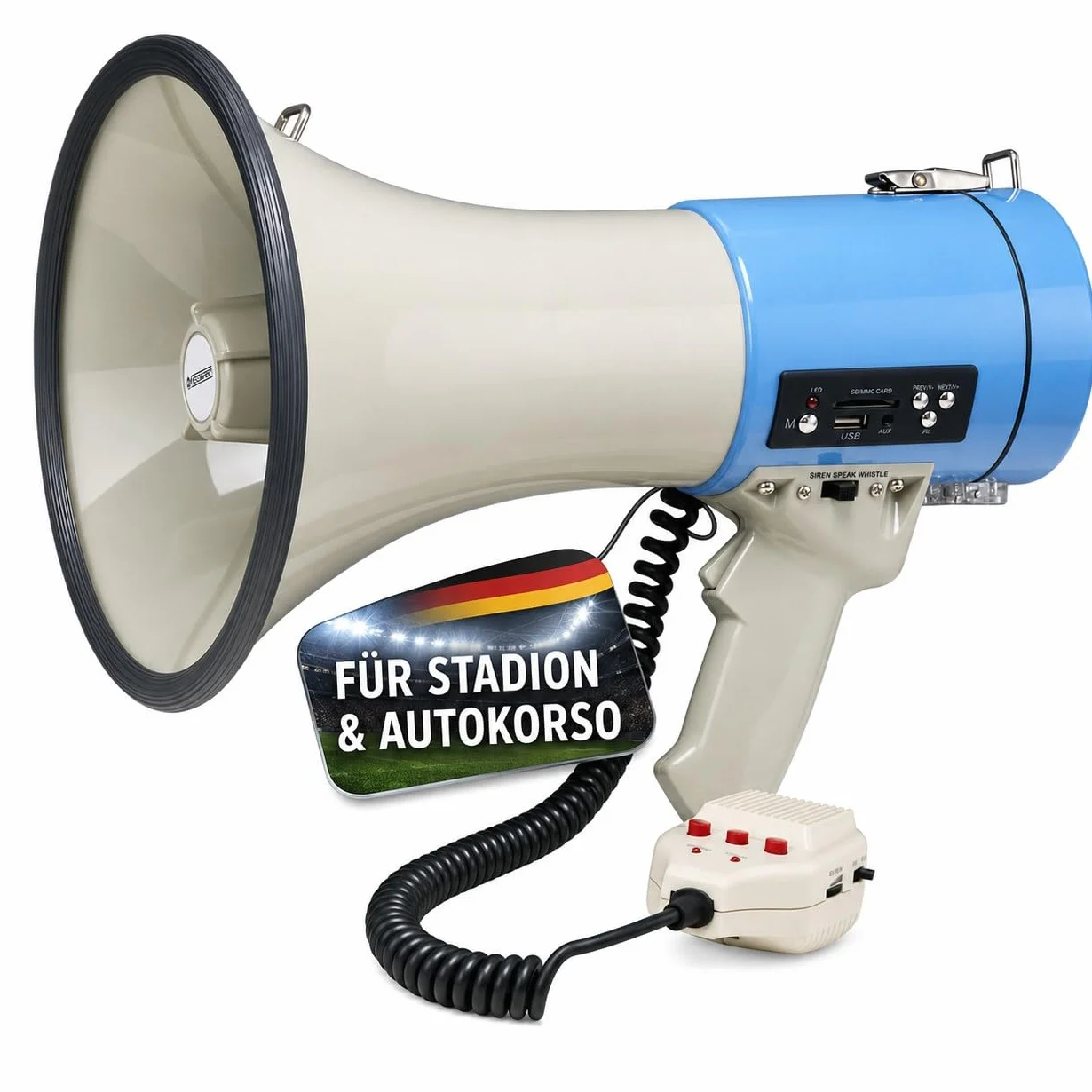 McGrey MP-800HRS Megaphon (Sprachrohr, 25 Watt RMS/80 Watt MAX), bis zu 1000m Reichweite, Handmikrofon, Sirene, Whistle, Aufnahmefunktion, USB/SD/AUX-MP3-Player batteriebetrieben grau/blau