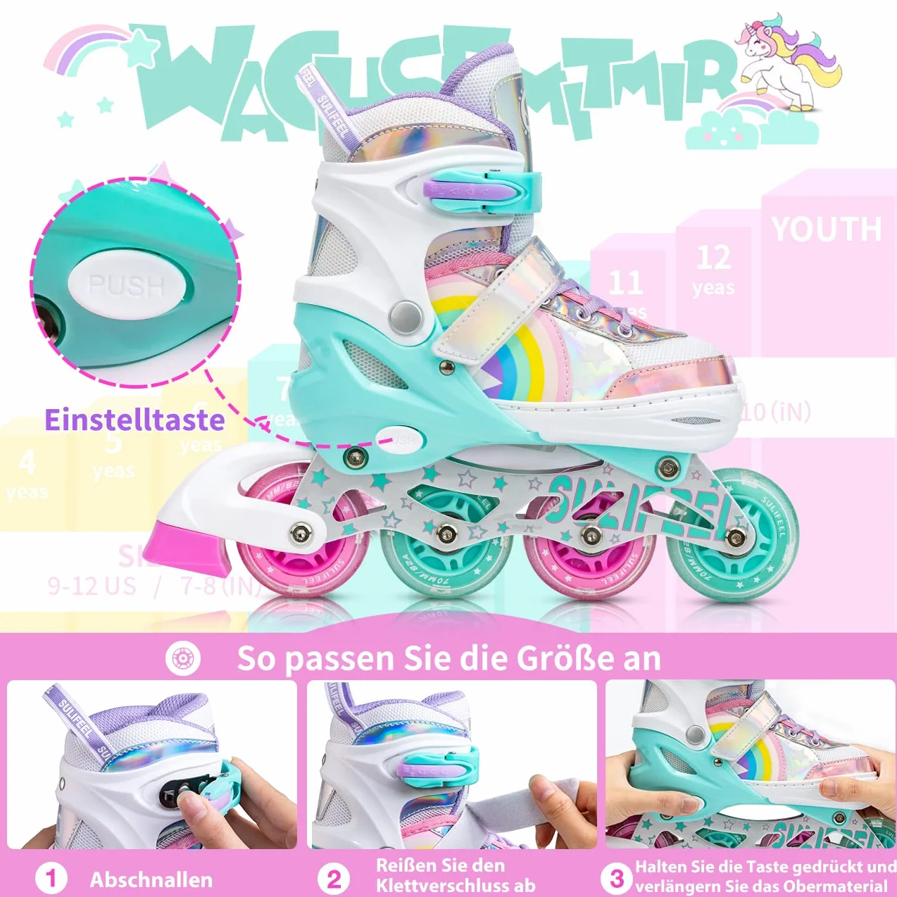SULIFEEL Rainbow Unicorn Verstellbare Schwarz Rollschuhe für Kinder mit Leuchtenden Rädern für Jungen