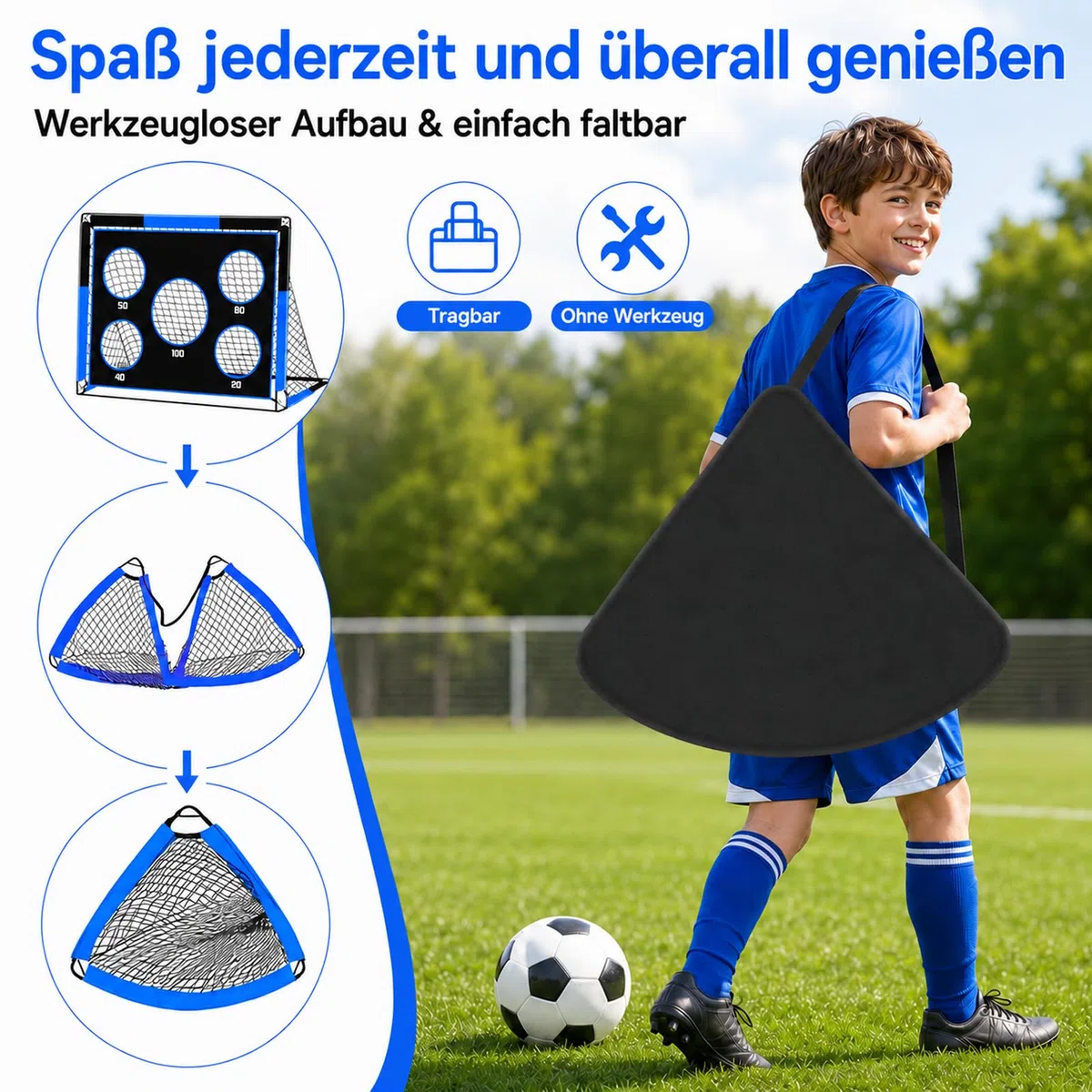 2-in-1 Fußballtor für Kinder, 150 * 120cm, Tragbares & Stabiles Fussballtore mit 5 Zielbereichen, 4 Erdanker und 1 Tragetasche, Stabil für Garten, Park, Strand