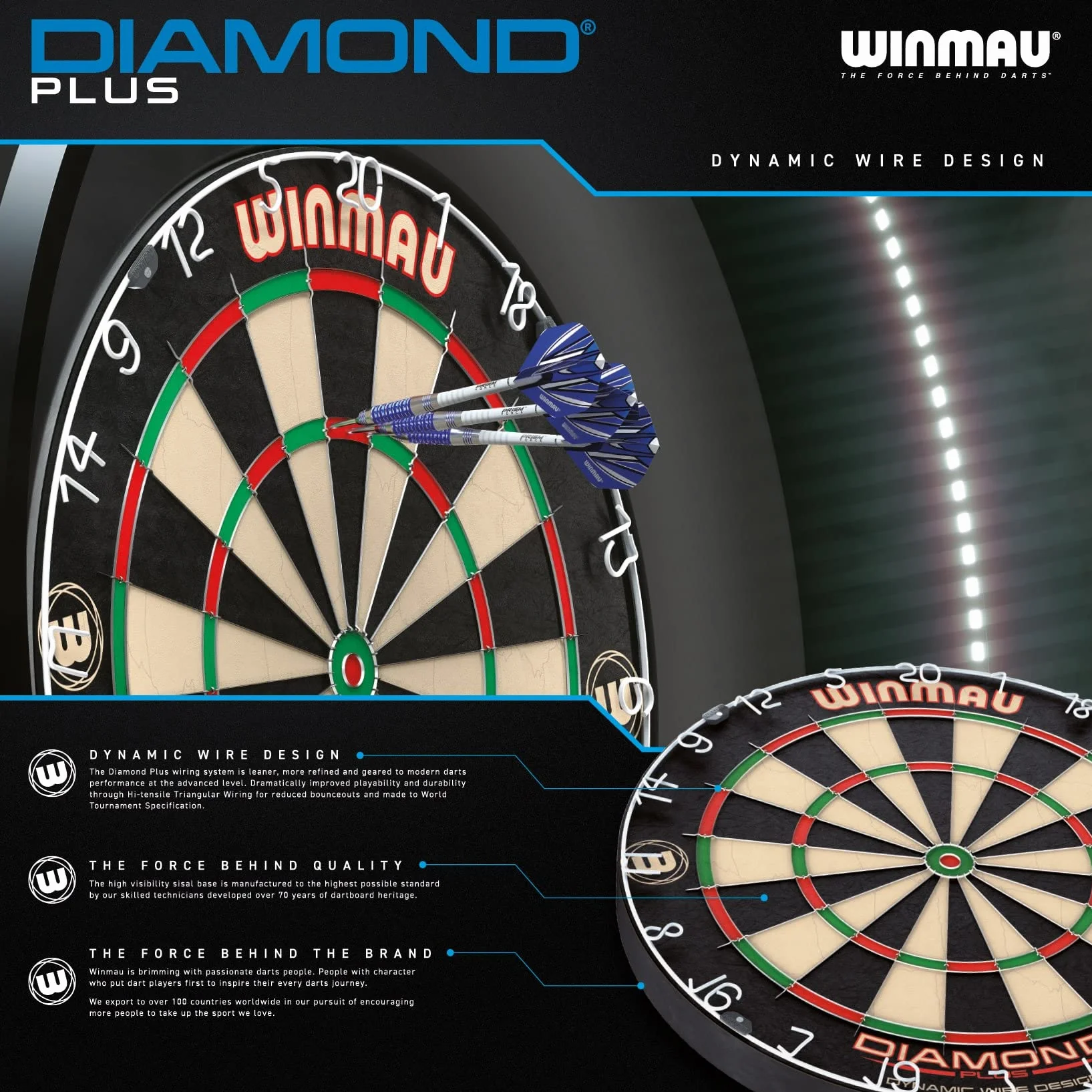 Winmau Diamond Plus Dartscheibe – PDC Turnier Steeldartscheibe, Ultra-Dünnes Drahtsystem, Hochdichte Sisal | Erhältlich als Dartboard, Surround-Set oder Dartschrank-Set mit Steeldarts