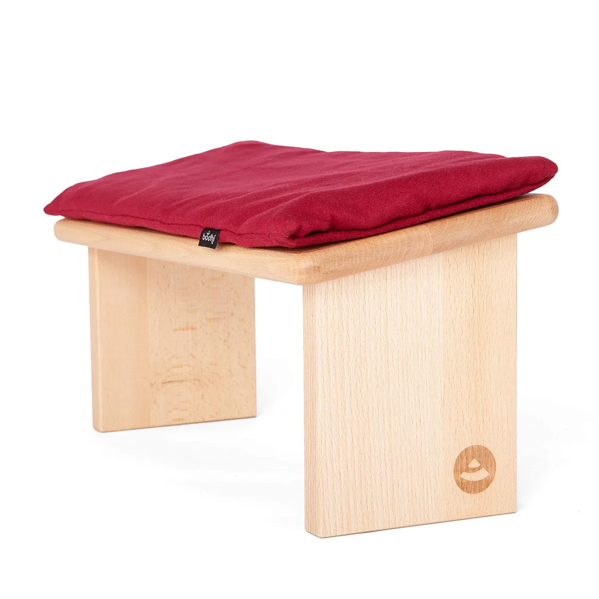 Bodhi Meditationsbank aus Holz (Buche) | Yoga Hocker aus Holz | Kniesitz Medibank für eine Tiefe Meditation | Variation: Lhasa Klappbar – Buche geölt mit Auflage (weinrot)