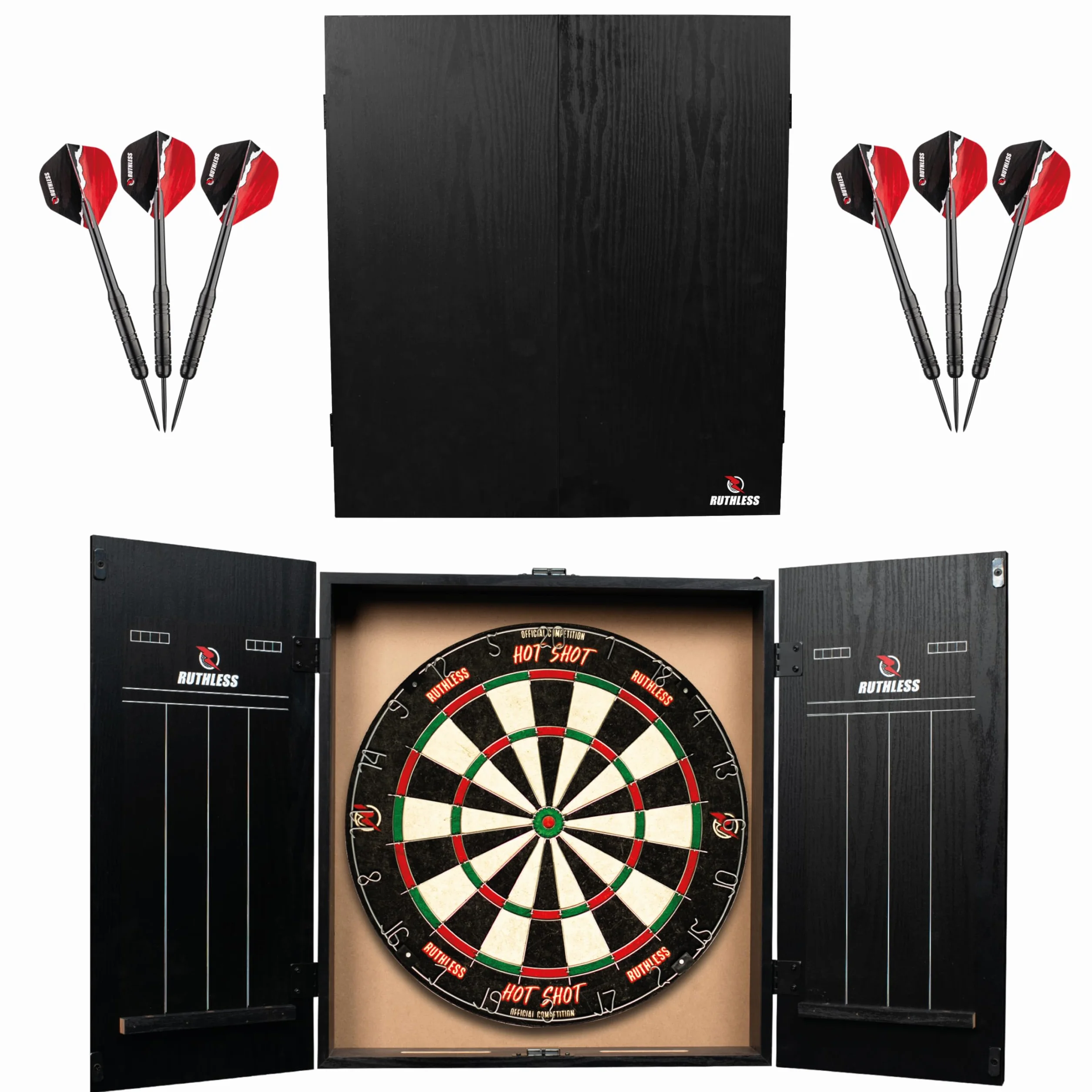 Ruthless Home Darts Center | LED-Lichtoptionen | Home Dart Board Center inkl. Schrank, Dartscheibe und 2 Sets Dartpfeile (USB)