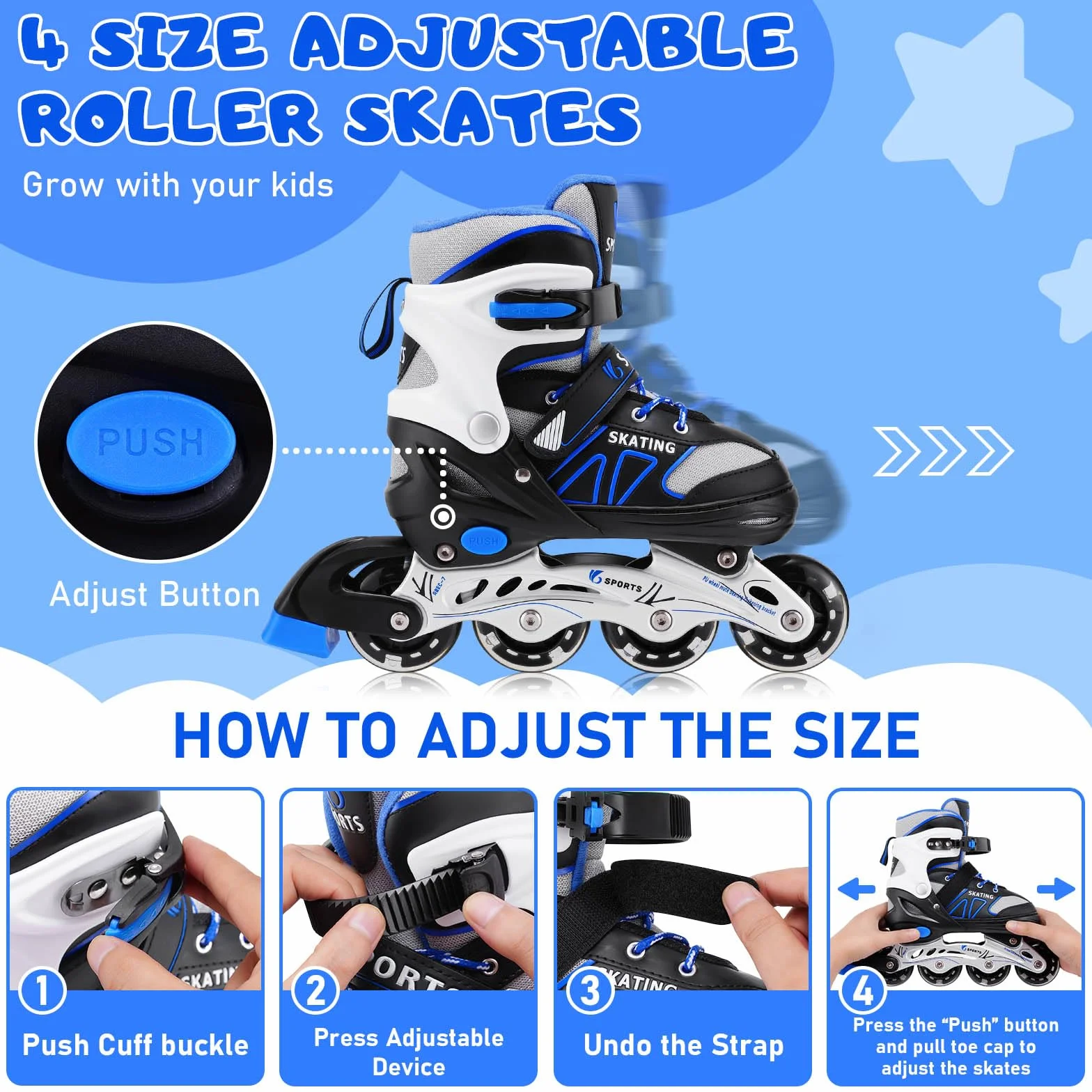 Inline Skates für Kinder Jungen Mädchen Anfänger, Inliner Herren Damen 4 Size verstellbare Rollschuhe mit Light Up Rollen.