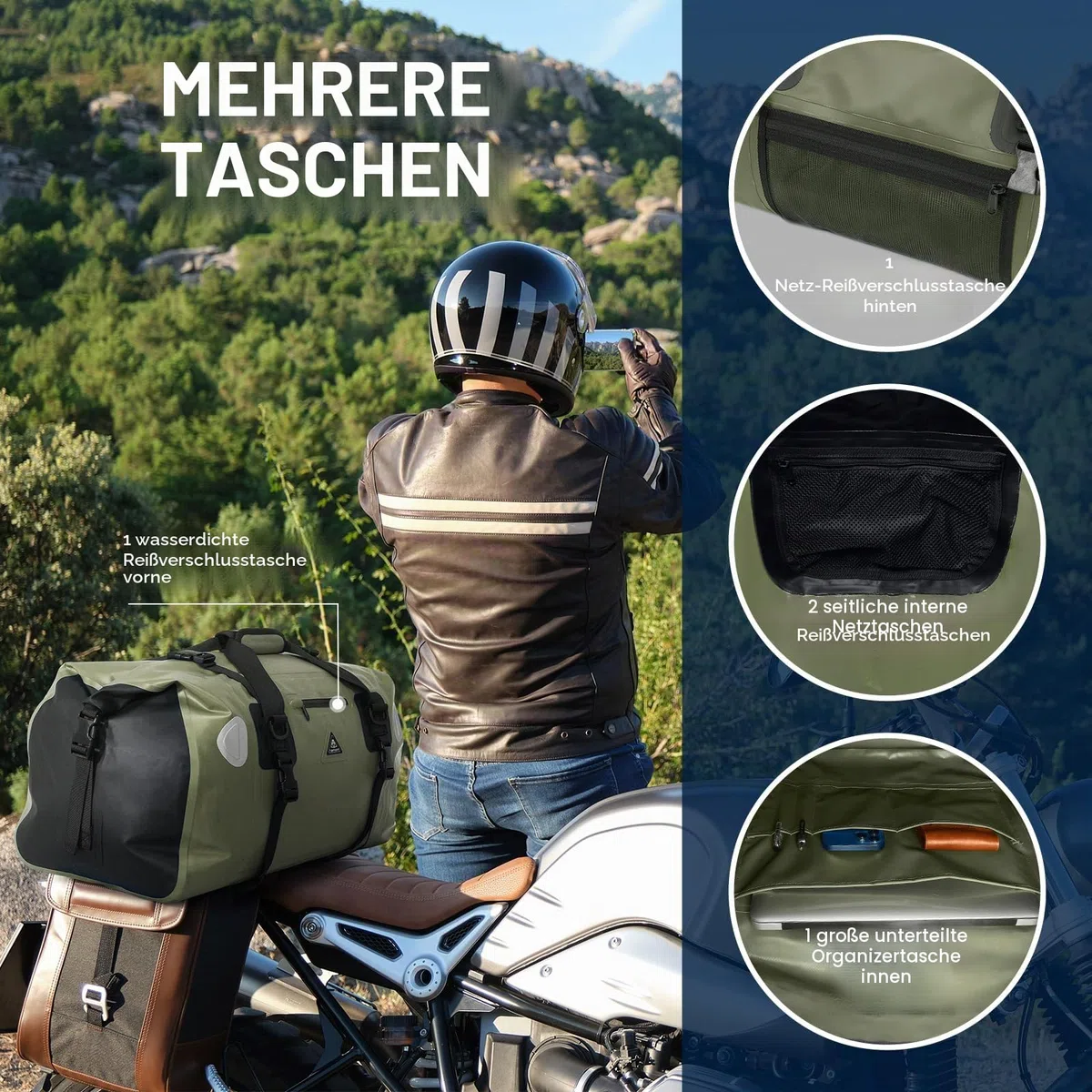 Wasserdichter Rucksack Dry Bag | wasserdichte Reisetasche Rucksack | Roll Top Seesack Wasserdicht für Camping, Motorrad Wasserfeste Tasche, wasserdichte Bootfahren, Kajakfahren, SUP, Army Green, 70L