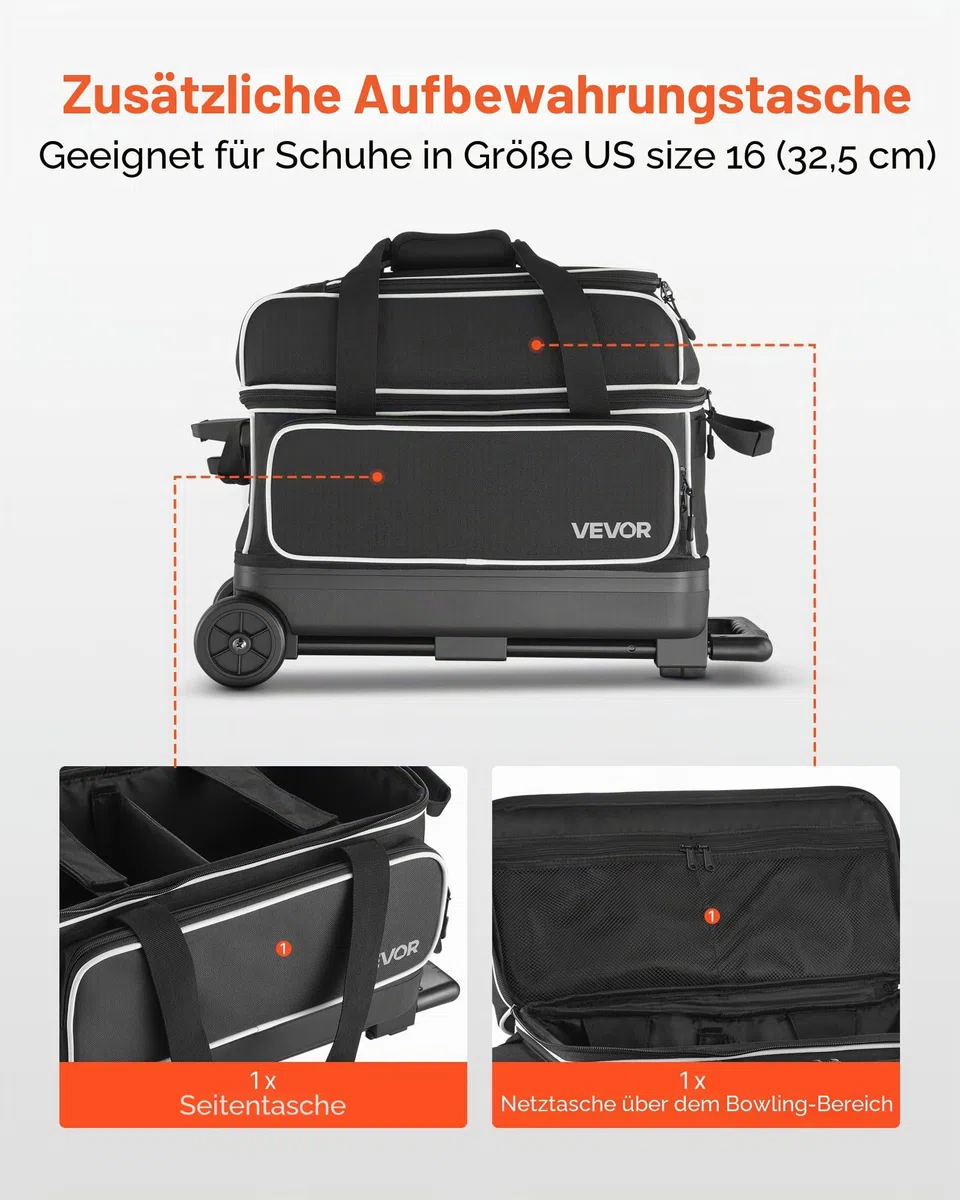 VEVOR Bowlingballtasche für 2 Bälle mit Doppelrollen & separatem Fach für Schuhe (bis US-Größe 16) & übergroßer Zubehörtasche, einziehbarer Griff lässt Sich auf 105 cm ausziehen Schwarz + Weiß