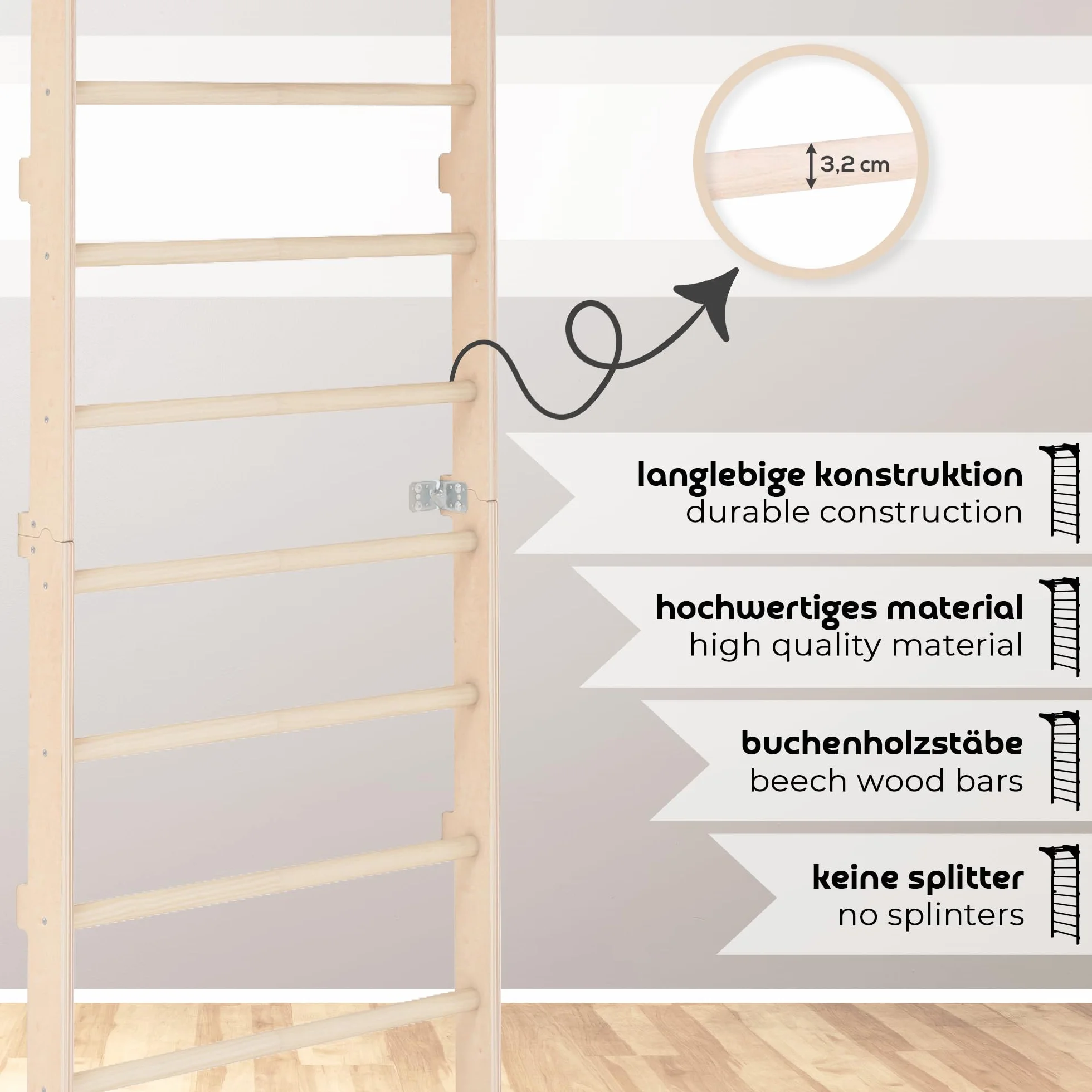 MAMOI Sprossenwand mit Klimmzugstange für Erwachsene (230 cm), Holz-Kletterwand, Multifunktionales Fitnessgerät, Kletterleiter für Erwachsene mit Option zur Personalisierung, 100% ECO, Made in EU