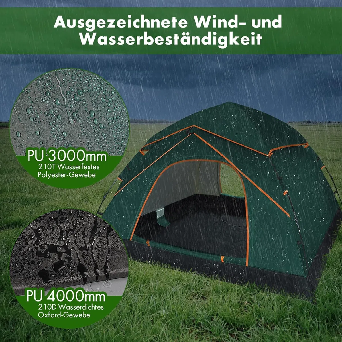 Camping Zelt 2-3 Personen, Automatisches Pop Up Kuppelzelt mit Doppel-Türen, Wasserdicht & Winddicht, 3-4 Saison Zelt Outdoor Zelt für Familie, Trekking und Camping, Waldgrün