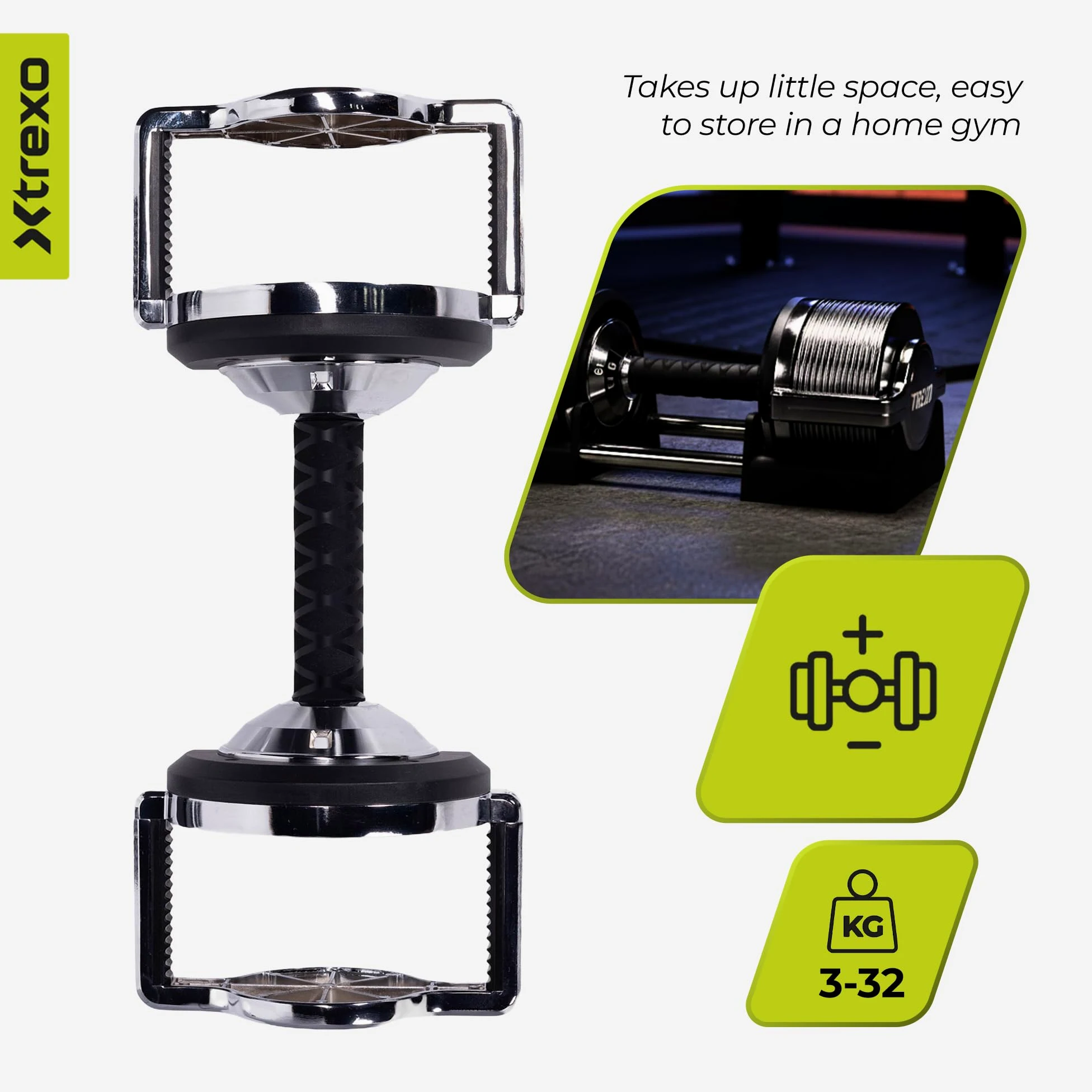 XTREXO 30-stufige feine Gewichtsanpassung 3-32 kg – Verstellbare Hantel – Verchromter Stahl – Silber – Für Krafttraining, Muskelaufbau und kompaktes Home-Gym