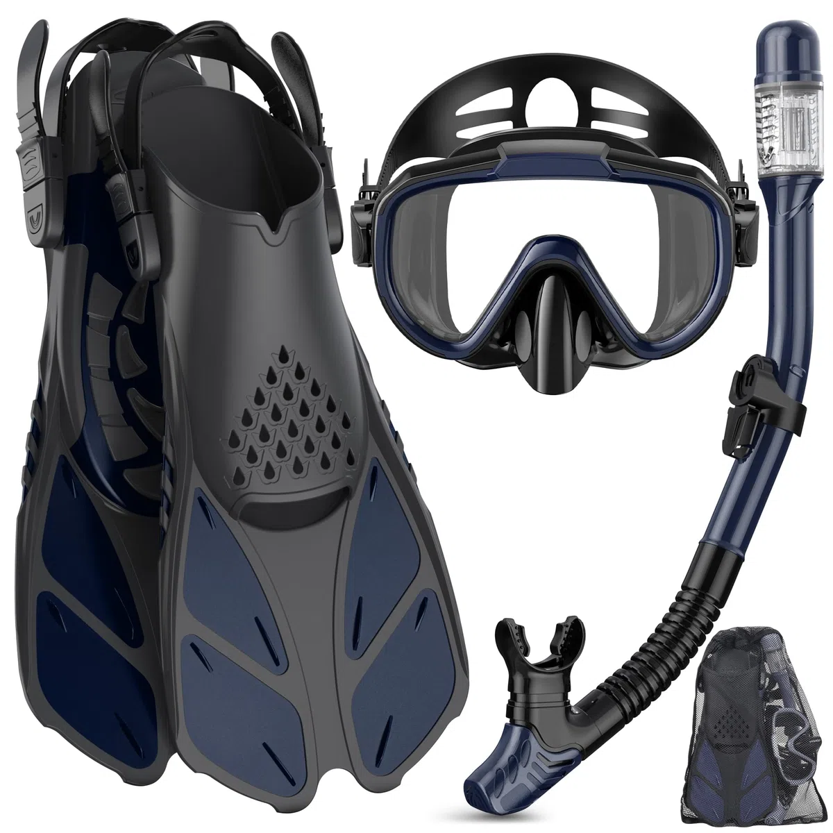 Ubekezele Schnorchelausrüstung für Erwachsene, Männer und Frauen, 4-in-1-Schnorchel-Set mit Panoramablick, Tauchmaske, Anti-Beschlag, Anti-Auslauf, Dry Top Schnorchel, Flossen und Reisetasche zum