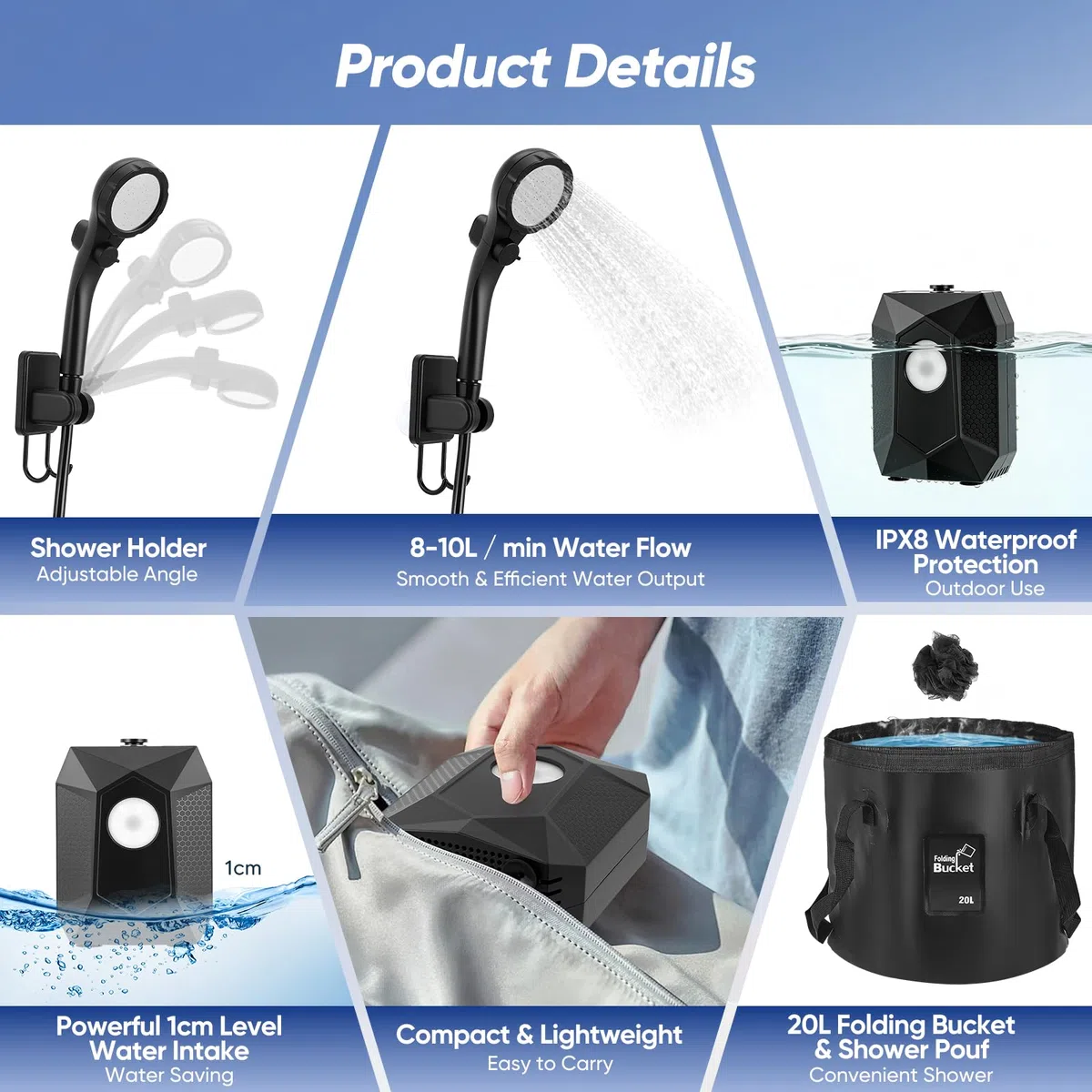 Tragbare Campingdusche, 6000 mAh Outdoor-Duschpumpe mit 4 Beleuchtungsmodi, IPX8, 5 Sprühmodi, Duschpumpen-Set mit 20L Faltkanister für Strand, Wandern, Haustiere & Auto