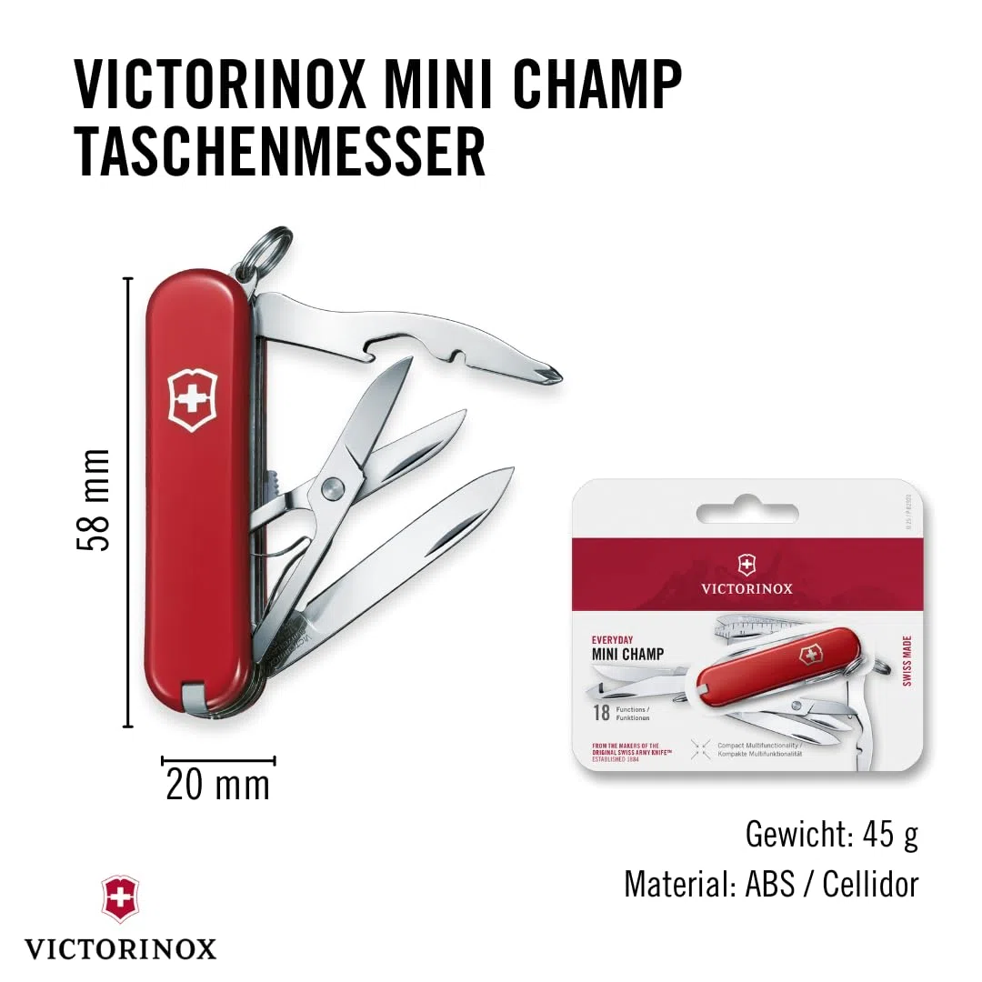 Victorinox Schweizer Taschenmesser Mini Champ, Klein, 18 Funktionen, Swiss Made, Multitool mit Brieföffner, Kapselheber, Drahtabisolierer, Rot