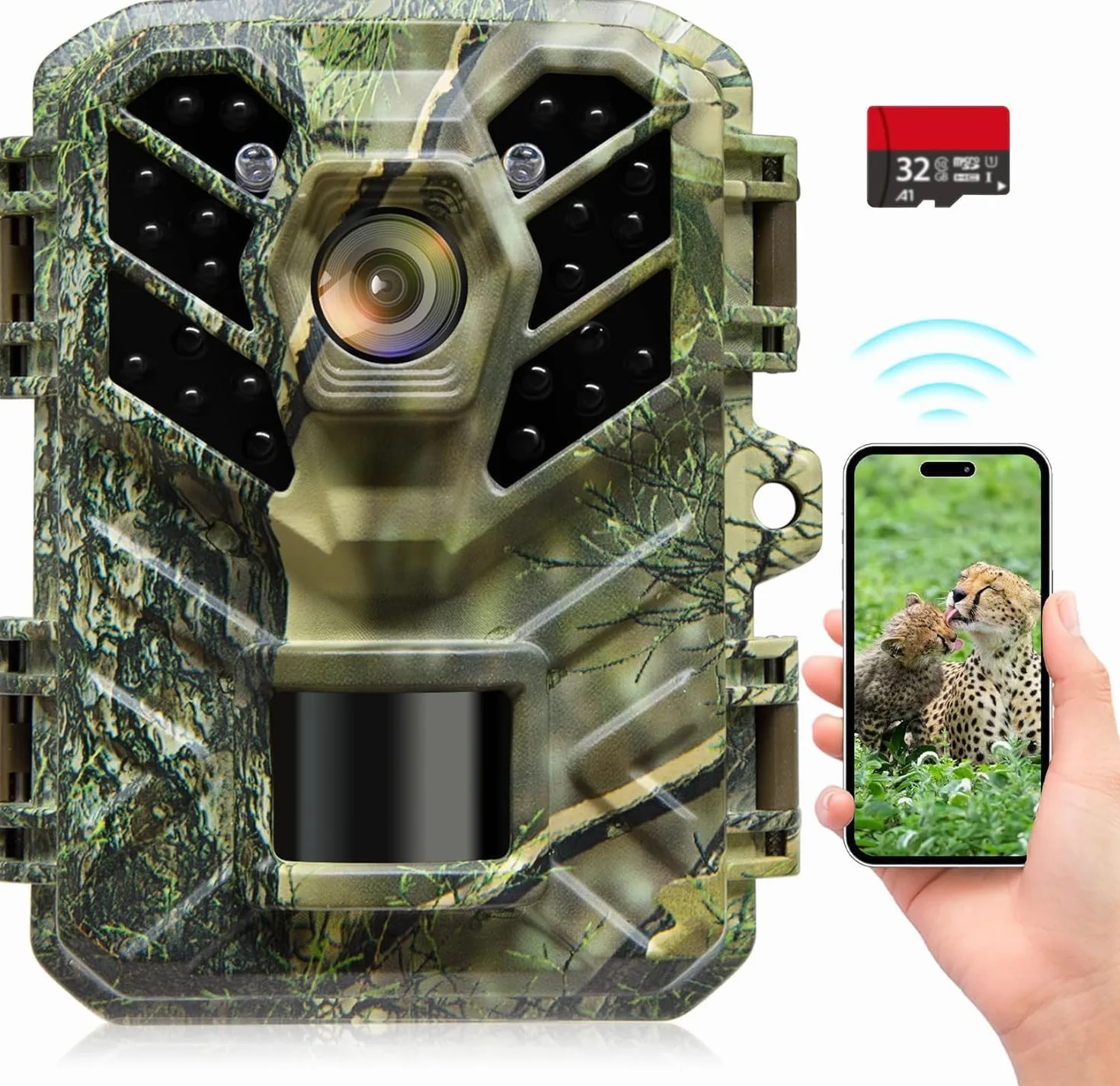 Coolifepro WLAN-Fotofalle Bluetooth, Mini 32 MP 1080P Jagdkamera mit IR Nachtsicht wasserdicht IP66 Fotofalle mit 32 GB SD-Karte für die Überwachung der Wildtiere