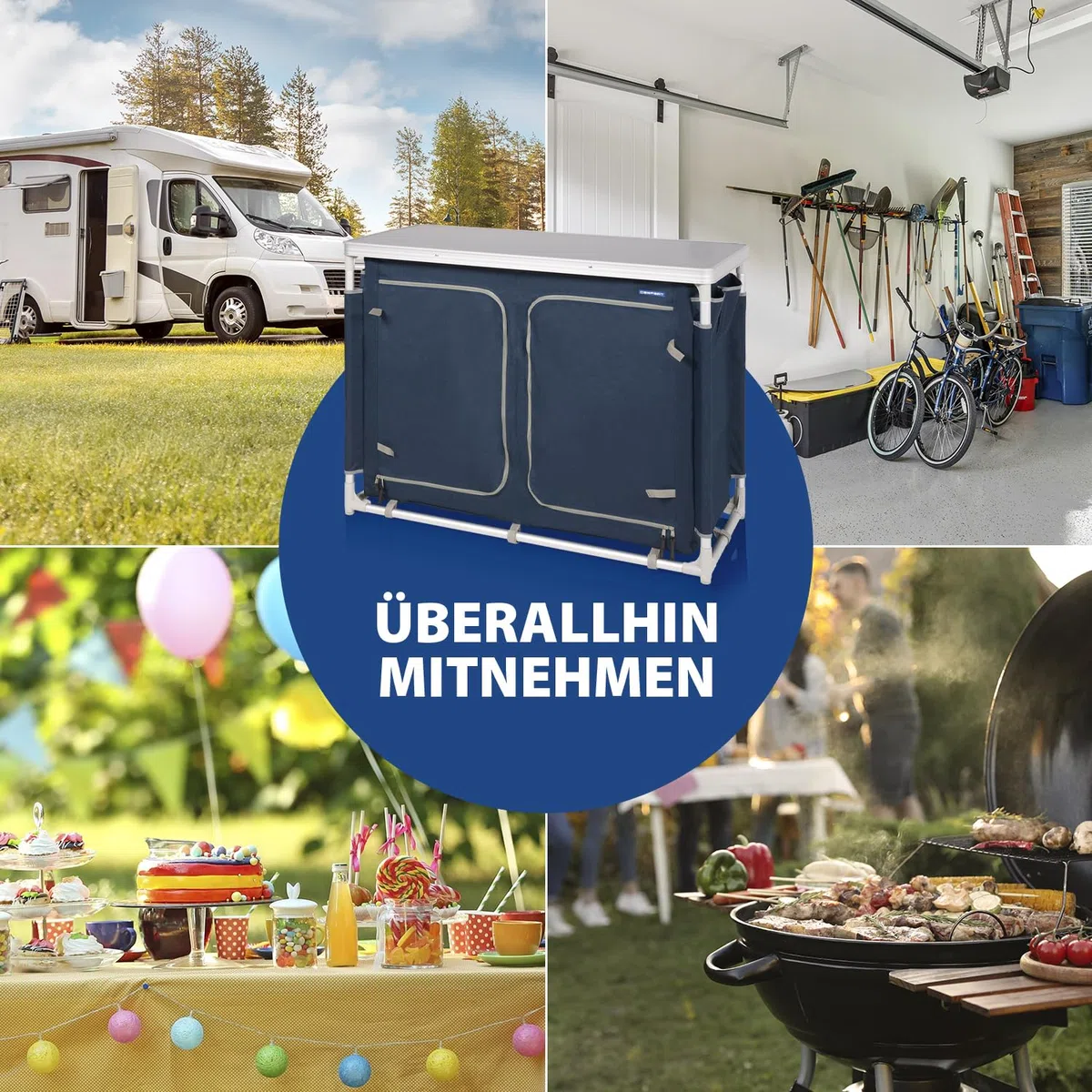 Campart Camping Küche Bilbao – 2 Fächer mit je 3 Ablagen – 4 Seitentaschen – 4 verstellbare Füße – Inklusive Tragetasche – Blau – KI-0411, Anthrazit