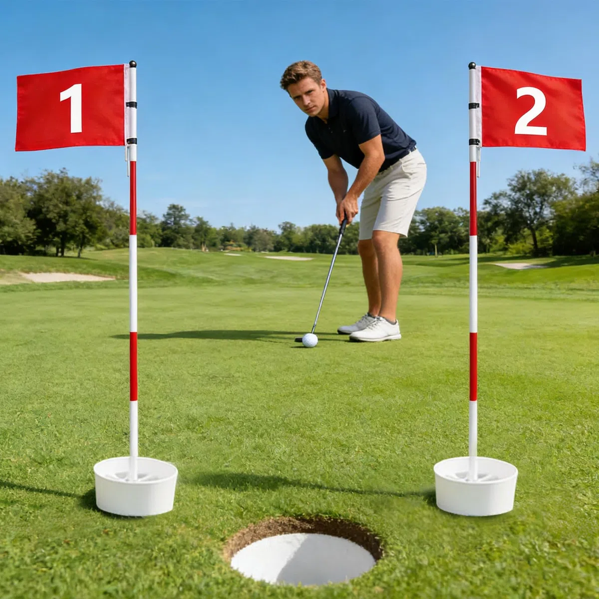 Golf Loch Fahne mit Fahnenstange | Aus 5-teiliger wetterfester Glasfaser | Übungsfahnen für das Putting Green | Für Hobbygolfer, Anfänger und Profis im Garten, Verein oder auf dem Platz
