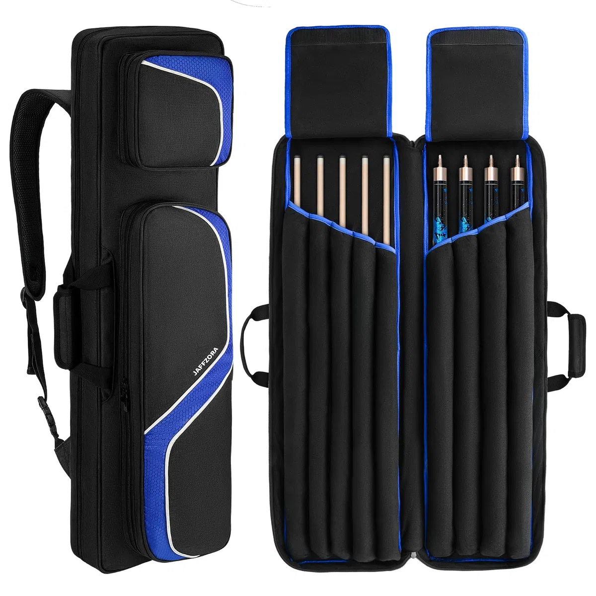 Billardqueue-Tasche für 4 x 5, Pool-Stick-Tragetasche für 4 Hintern und 5 Schäfte, Billardqueue-Tasche mit 14 Taschen und Schultergurten