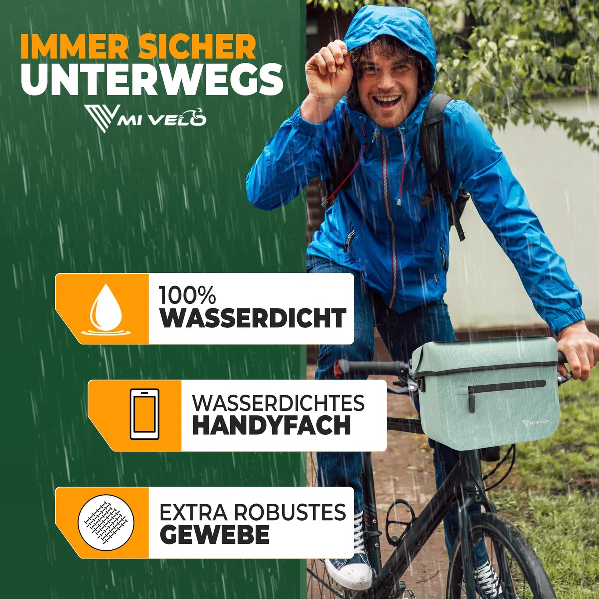 MIVELO Lenkertasche Fahrrad passend für KLICKfix - 100% wasserdicht - Fahrradtasche Lenker - abnehmbares Handyfach - Tasche Lenker - E-Bike tauglich (Mint, ohne Adapter)