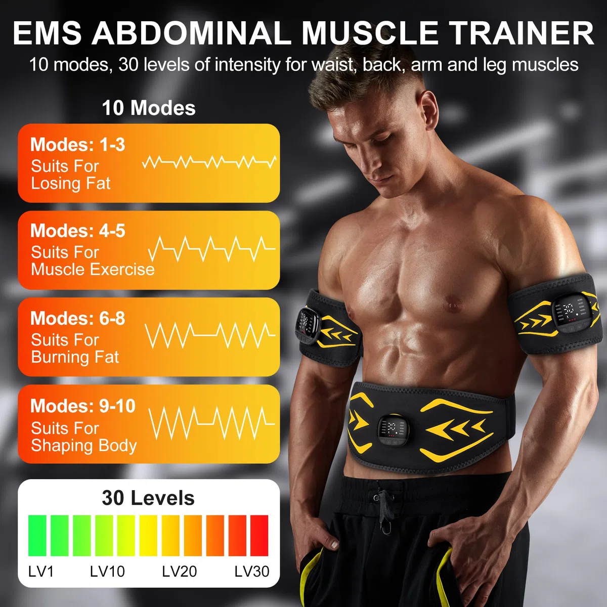 EMS Bauchmuskeltrainer,Bauchmuskeltrainer Elektrisch mit 10 Modi und 30 Intensitäten,USB-Wiederaufladbarer Tragbarer EMS Trainingsgerät, mit Nzeige des Kalorienverbrauchs,für Bauch,Arm,Bein